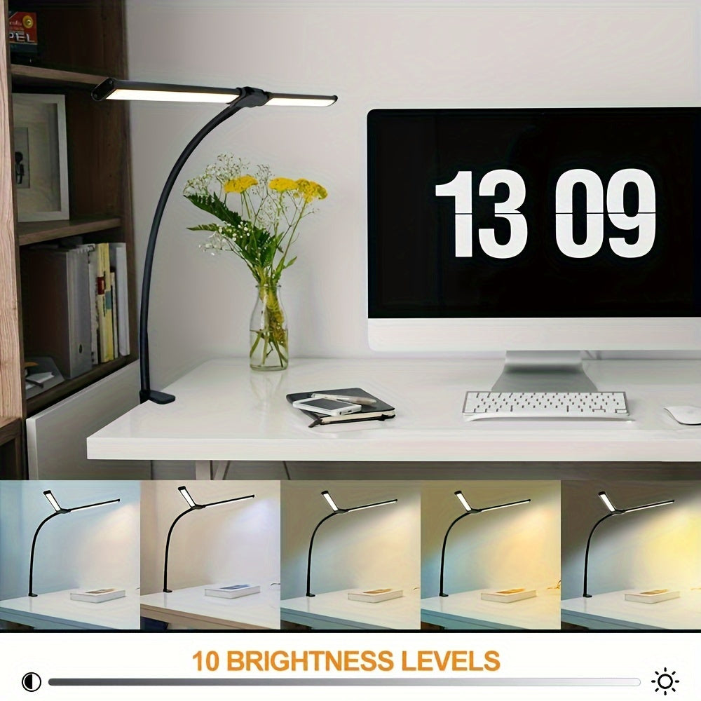 Double Head Clip-on LED Desk Lamp - 3 Modes, 10 Levels Of Brightness, Adjustable Angle, USB Adapter. Suitable For Reading, Studying, Piano, Monitors, Office.