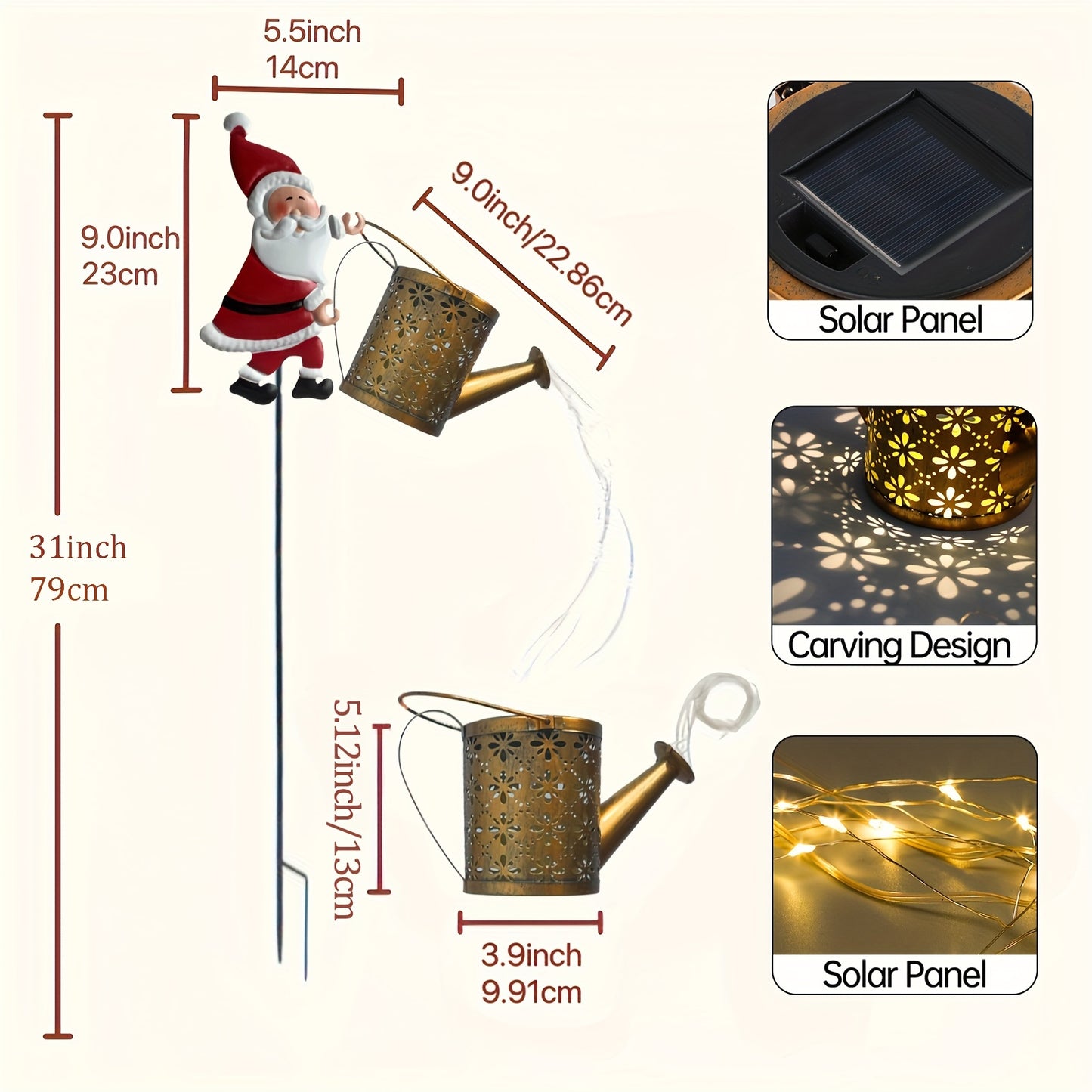 Santa Claus Solar-Powered Watering Can Light - Warm Yellow LED & Pouring Effect, Metal Decorative Garden Stake for Patio, Lawn, and Pathway Christmas Landscape Lighting