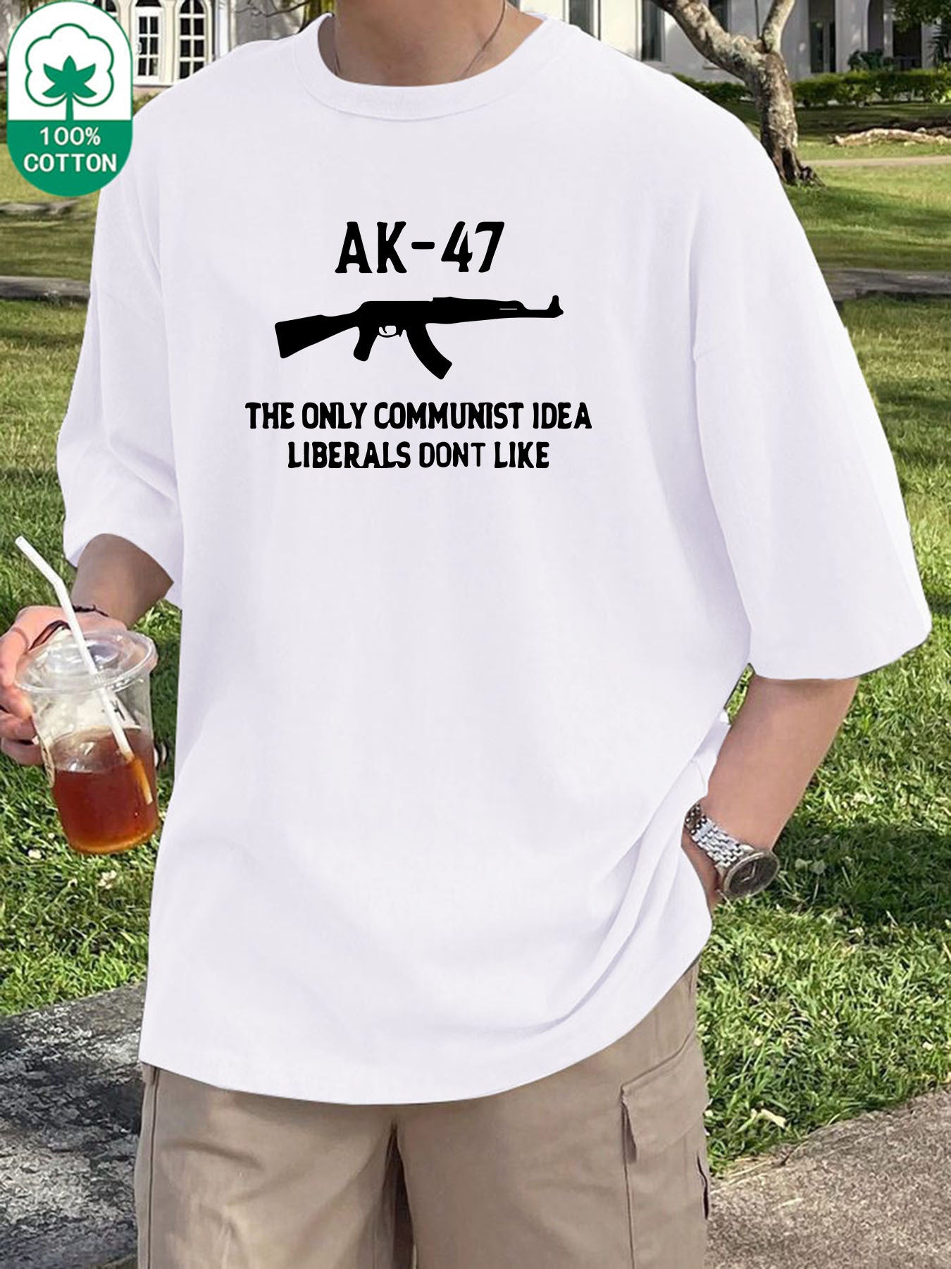 Men'S Fashion AK-47 Print T-Shirt, 100% Cotton Crew Neck, Regular Fit, Slight Stretch, Knit Fabric, Casual Versatile Tee, Sports Style, Heavyweight 200gsm