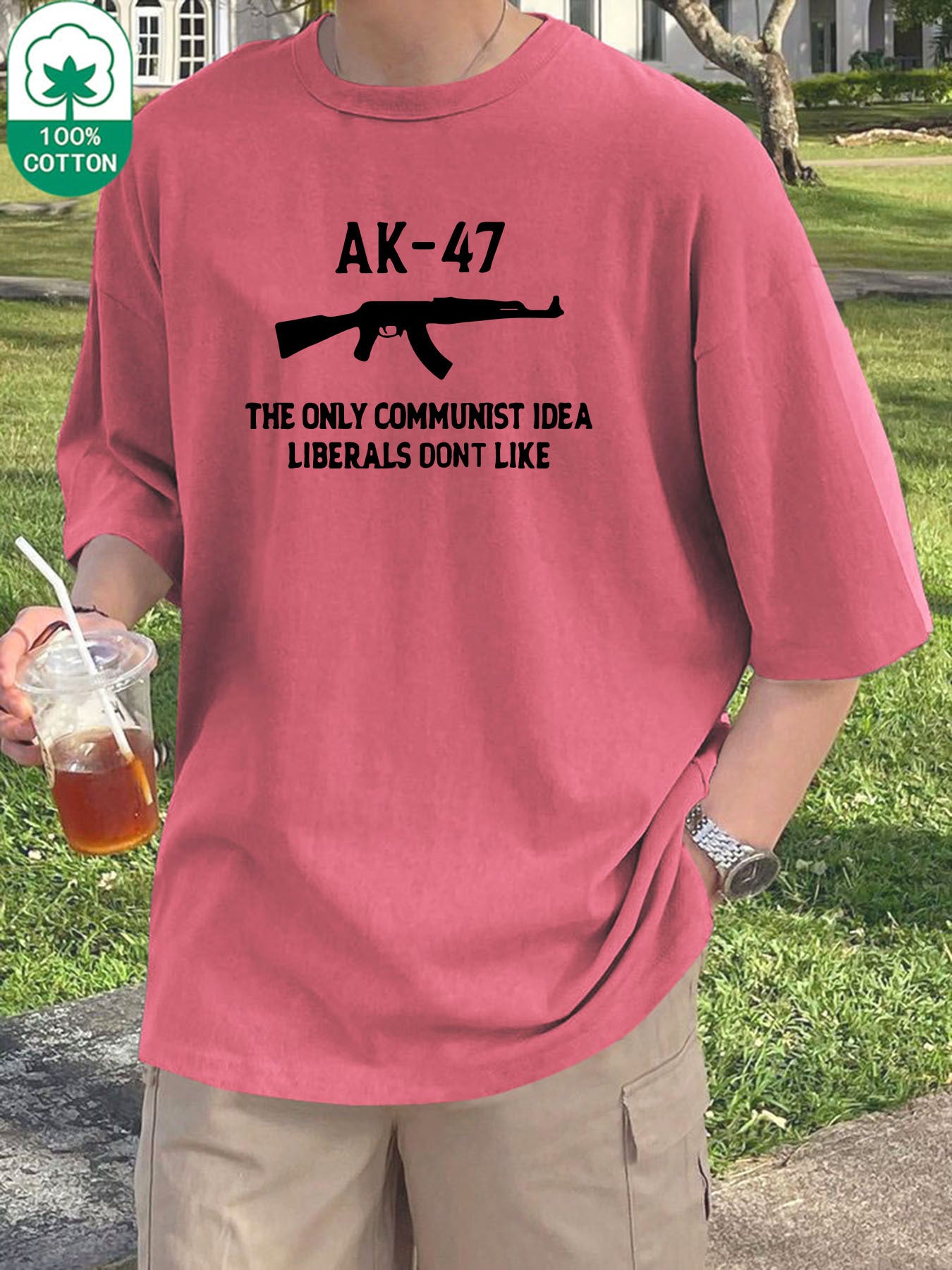 Men'S Fashion AK-47 Print T-Shirt, 100% Cotton Crew Neck, Regular Fit, Slight Stretch, Knit Fabric, Casual Versatile Tee, Sports Style, Heavyweight 200gsm