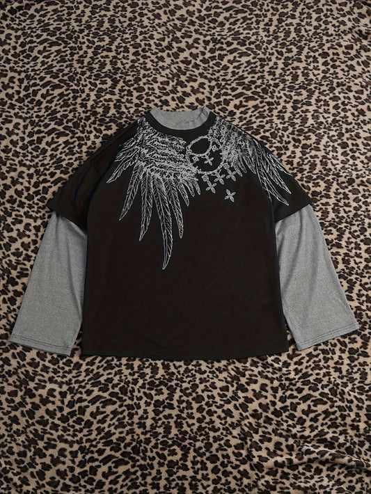 Y2K-Inspired Vintage Feather Print Long Sleeve T-Shirt - Stretchy Polyester Blend, Machine Washable, Crew Neck for Women