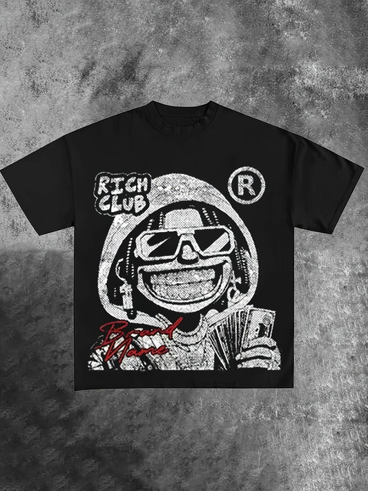 1pc Y2K Style Polyester Crew Neck T-Shirt with Hand-Drawn Portrait Design, Regular Length, All-Season Knit Fabric Tee with Contrast Collar Detail