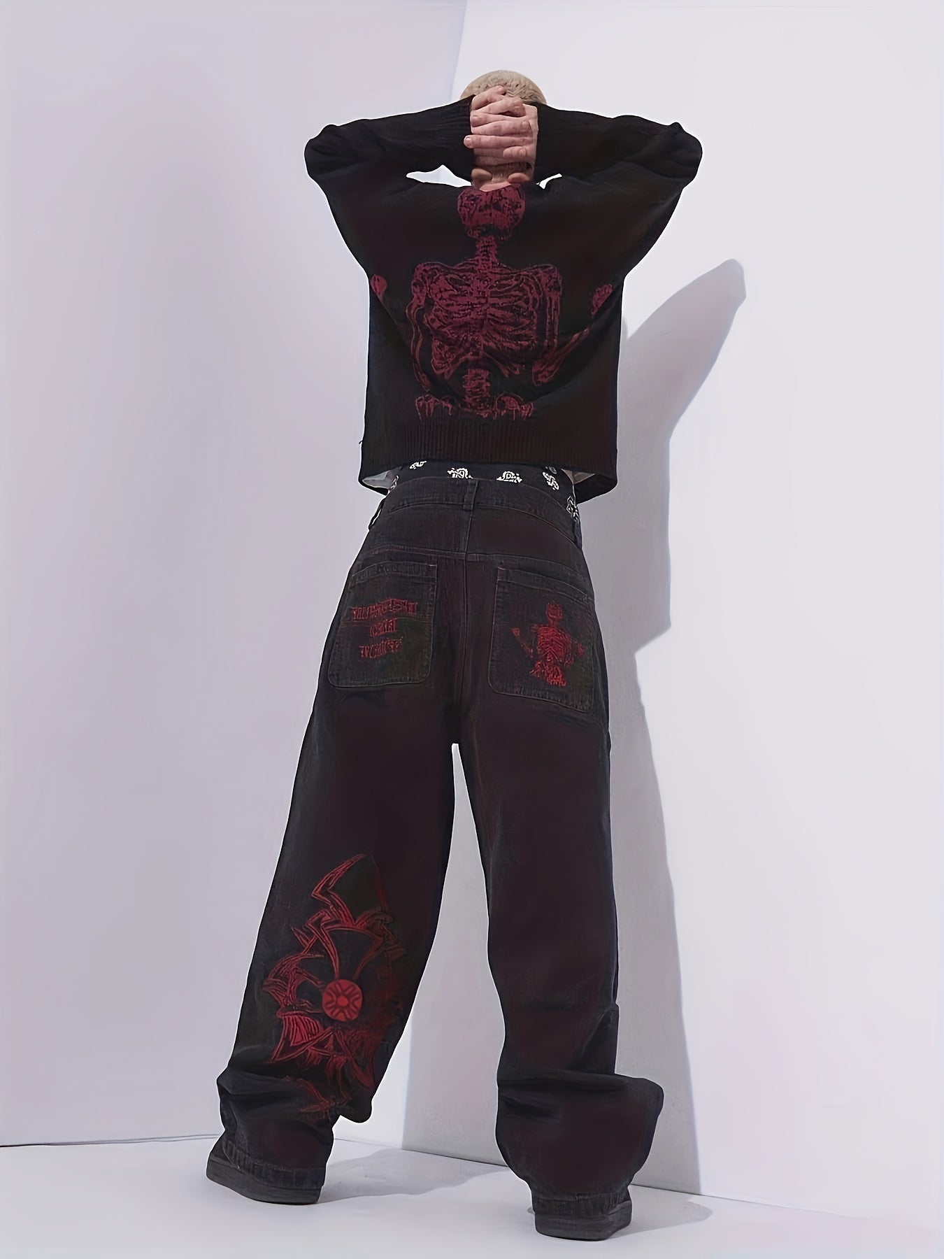 Halloween Y2k Skeleton Embroidery Jeans, Men's Casual Street Style Denim Pants