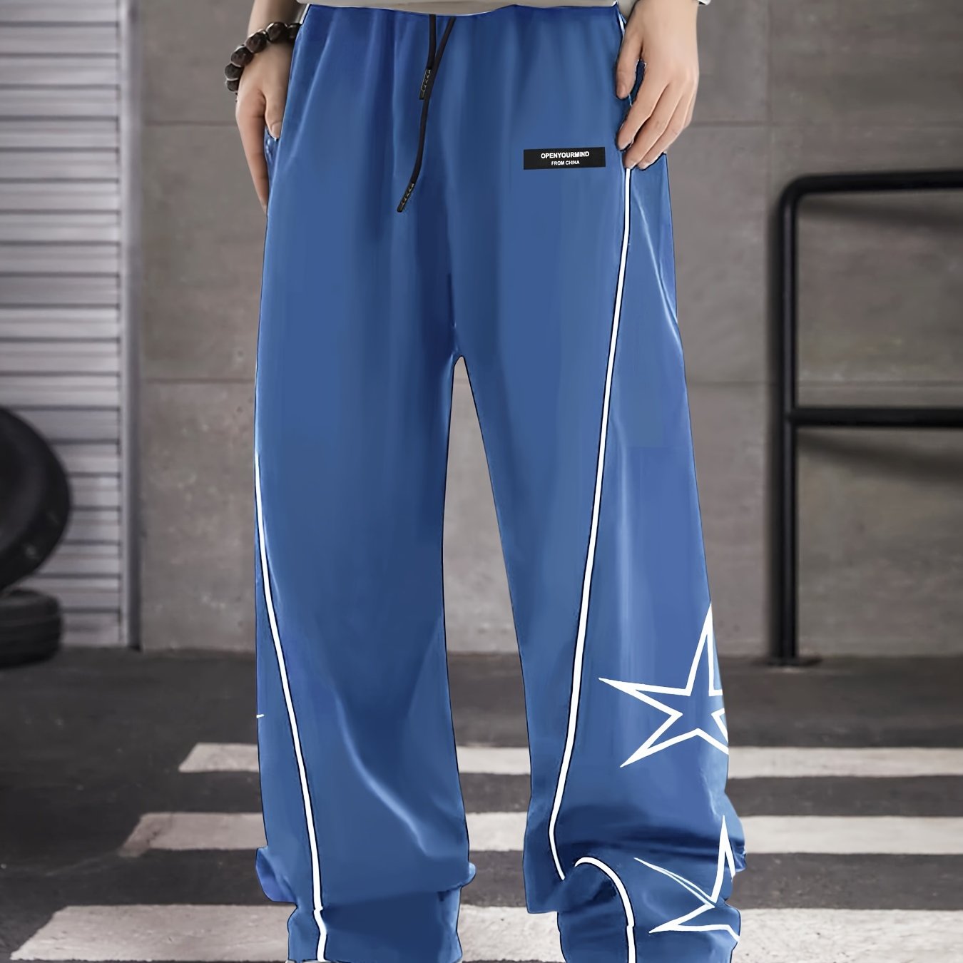 Men's Loose Star Embroidery Graphic Print Striped Track Pants With Pockets, Casual Drawstring Pants For Outdoor Activities Gift