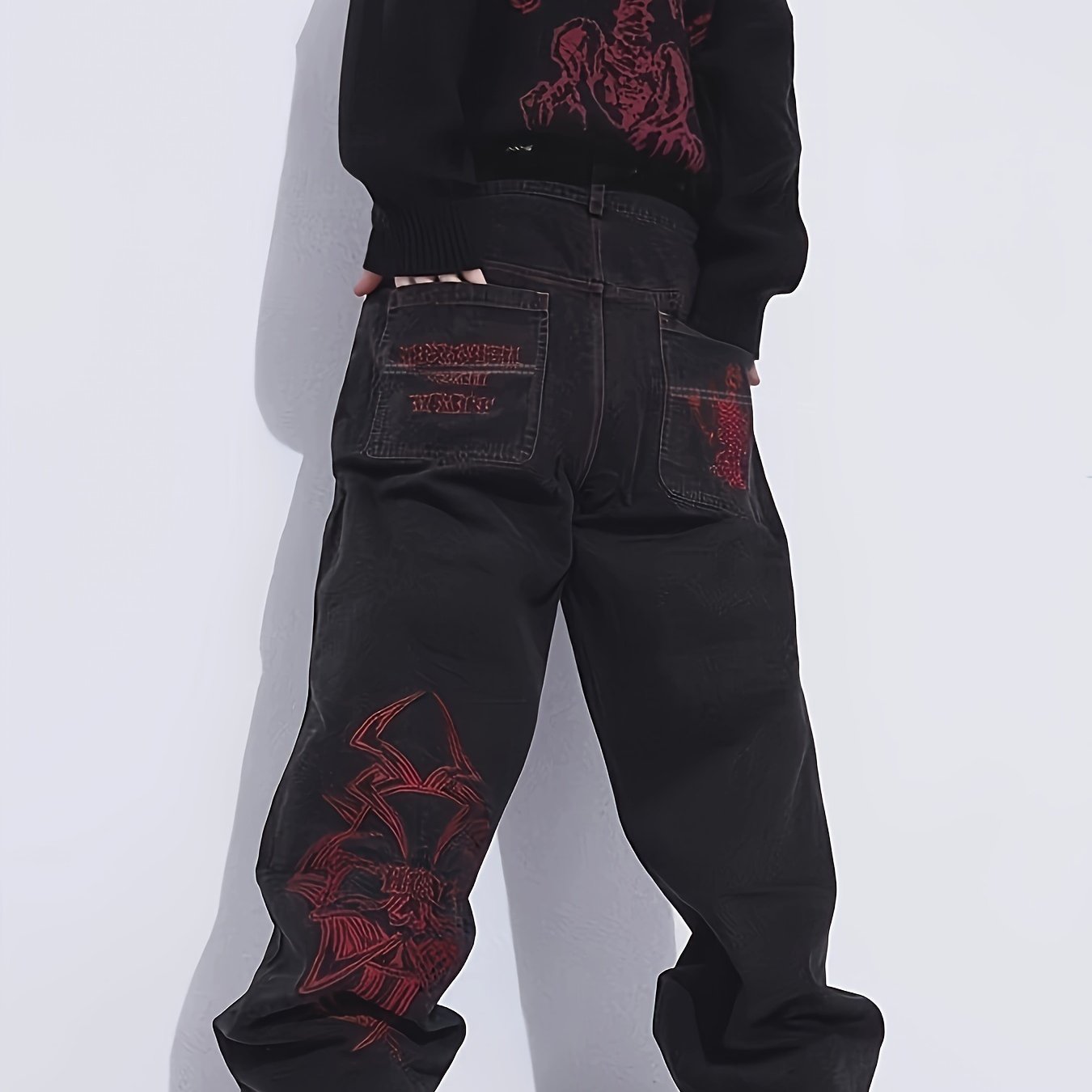 Men's Skeleton Embroidery Jeans, Casual Street Style Loose Fit Jeans, Halloween Gift