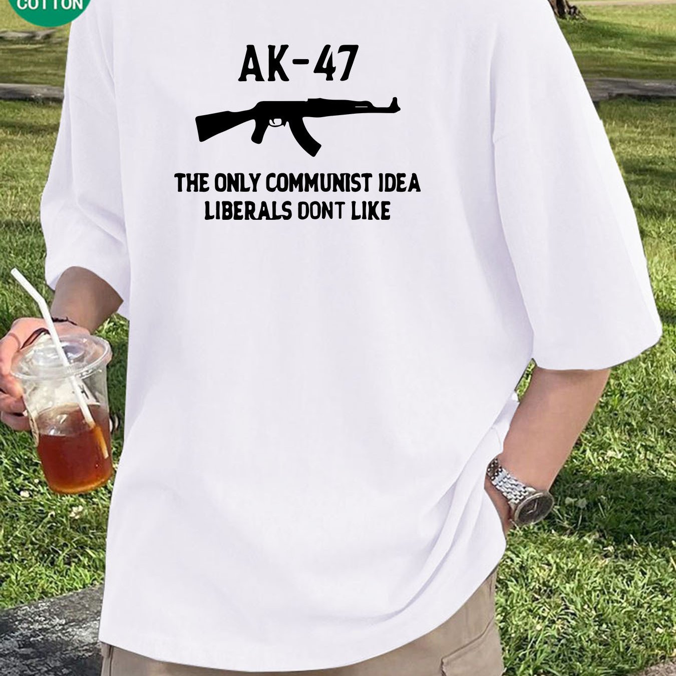 Men'S Fashion AK-47 Print T-Shirt, 100% Cotton Crew Neck, Regular Fit, Slight Stretch, Knit Fabric, Casual Versatile Tee, Sports Style, Heavyweight 200gsm