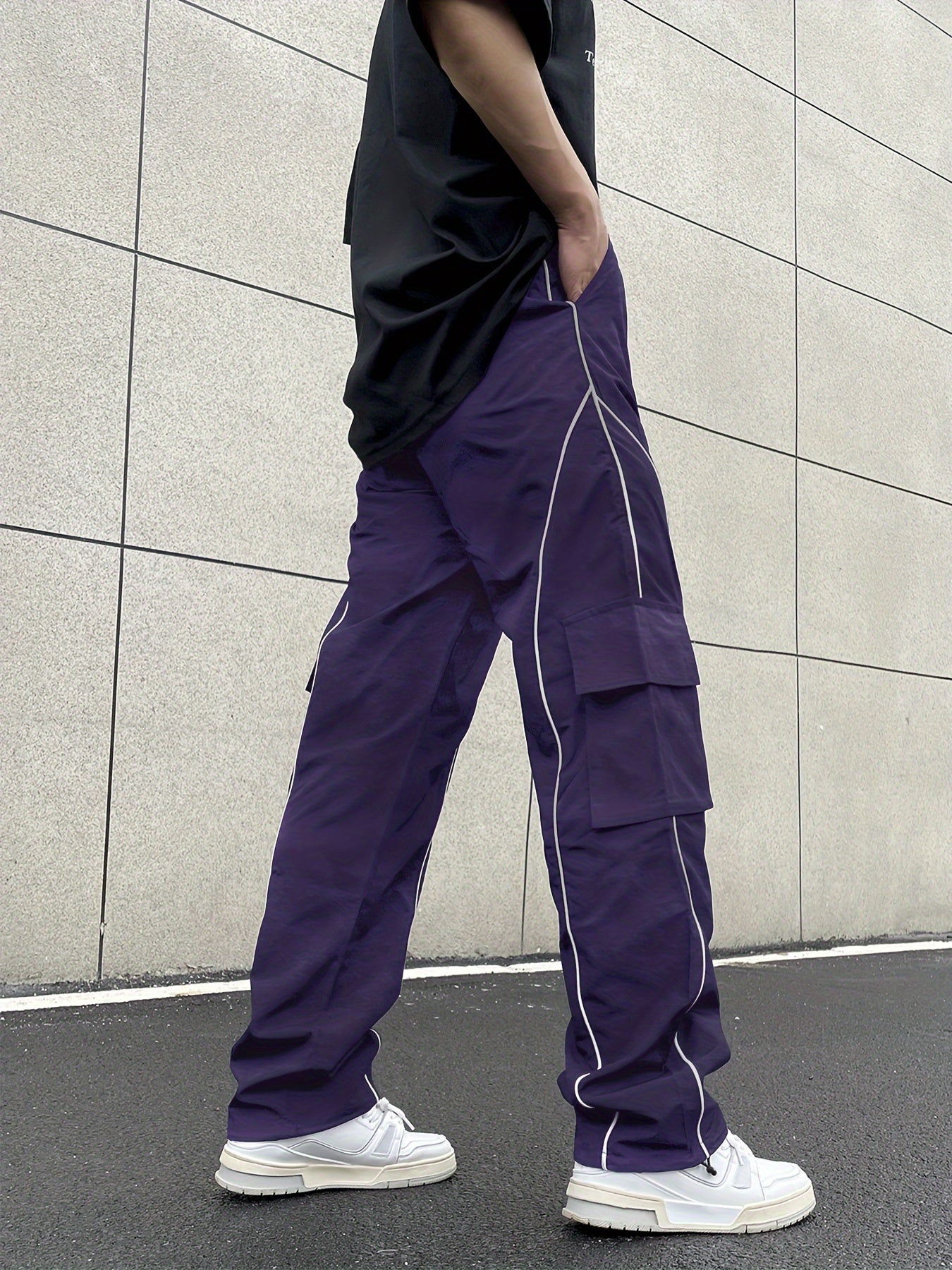 Men's Loose Striped Cargo Pants With Multi Pockets, Street Style Trousers For Outdoor Activities