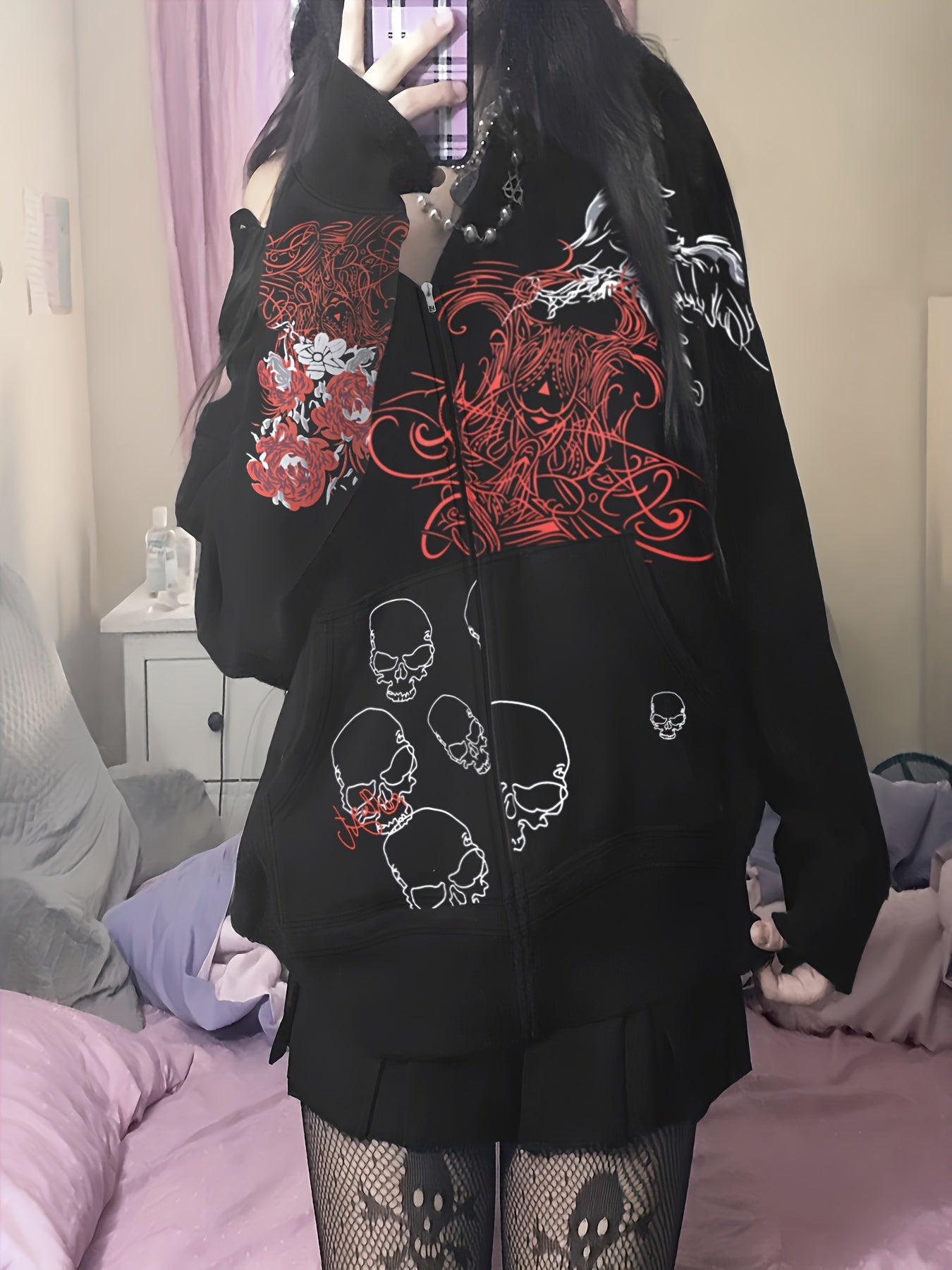 Y2K Skull & Floral Print Hoodie, Zip Up Long Sleeve Sweatshirt With Pocket, Women's Clothing