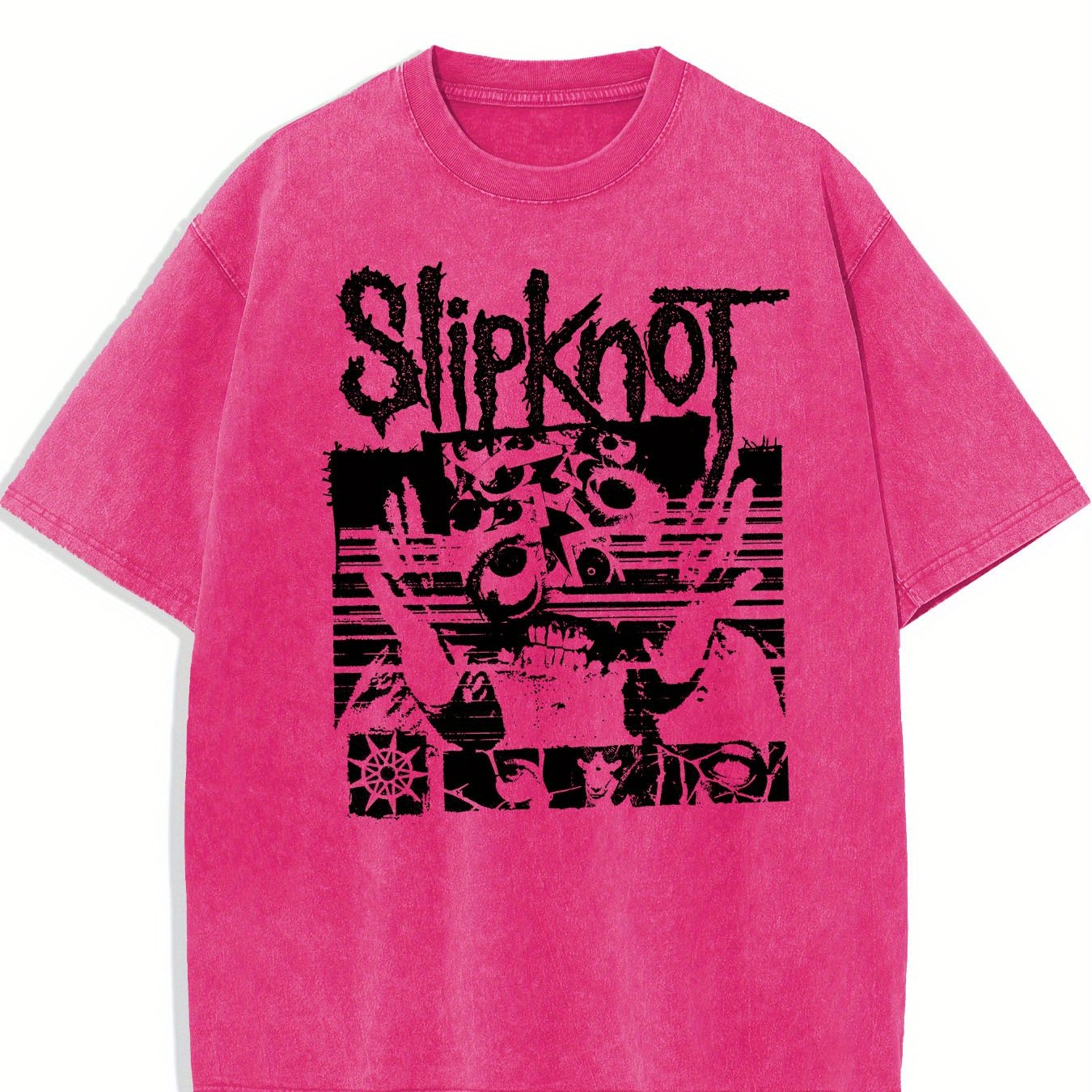 Washed T-Shirt Featuring Slipknot Logo With Distorted Graphics And Dark, Grunge-Inspired Elements Retro style, classic men's round neck T-shirt, pure cotton skin friendly, fashionable and versatile