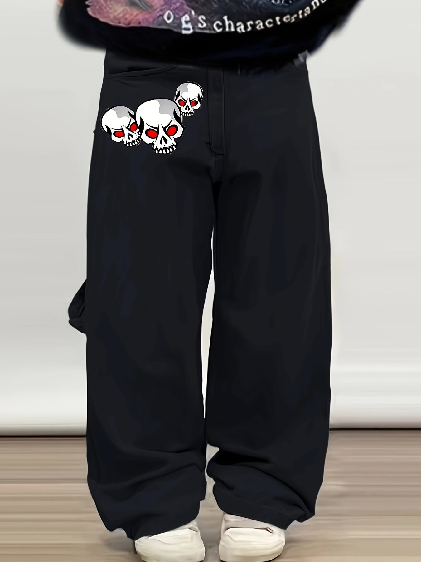 1pc Y2K Street Style Skull Print Drawstring Multi-Pocket Denim Pants, Cotton Blend, Non-Stretch, Regular Length, Loose Fit, Adult, All Seasons, Halloween Pattern, Washed Jeans