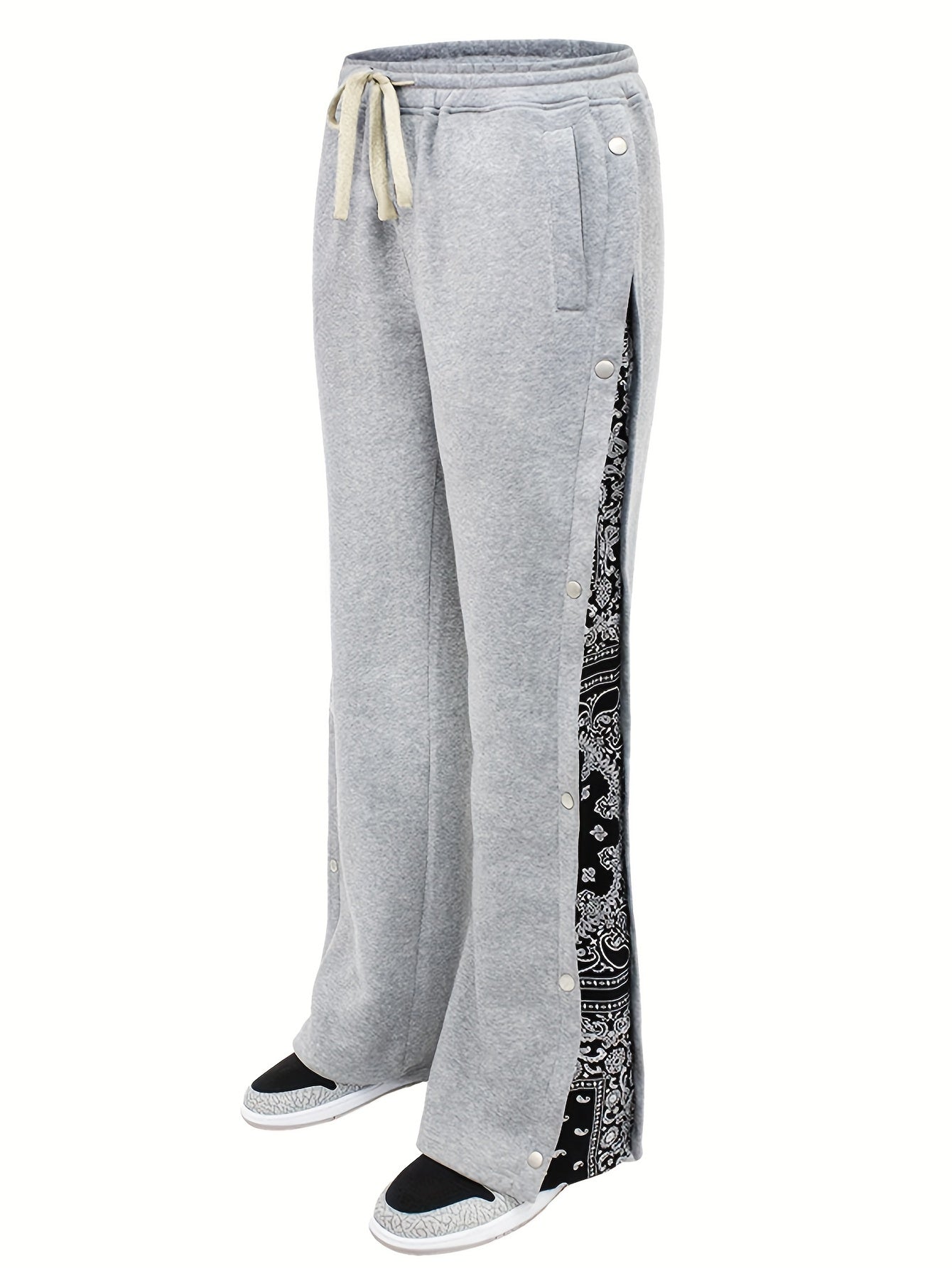 Men's Paisley Pattern Loose Fit Wide Leg Drawstring Sweatpants With Button Detail, Street Fashion Bottoms For Male