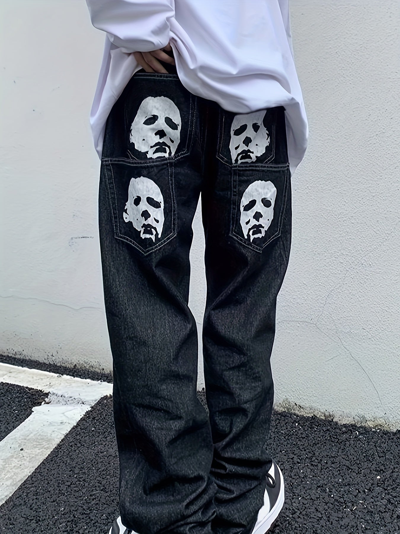 Halloween Denim Jeans for Adults, Casual Regular Fit with Portrait Print, Multi-Pocket Design, 95% Cotton 5% Polyester, Non-Stretch Fabric, All-Season Washed Style, 403g/m² Weight