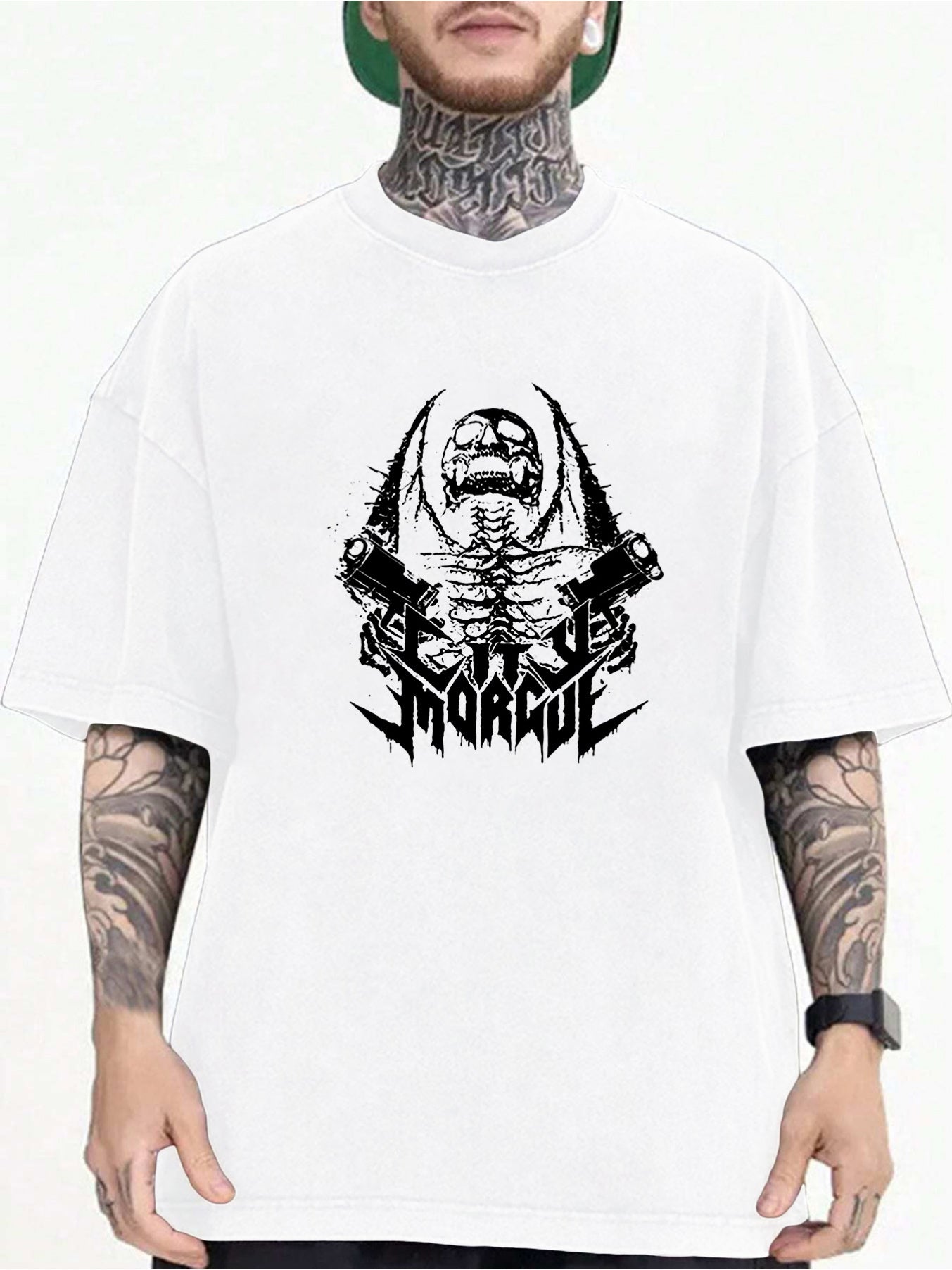 Men's Casual Loose-Fit Short Sleeve T-Shirt with Dual Gun Skull City Morgue Print, Polyester, Round Neck - Machine Washable, Buyers, Marlo