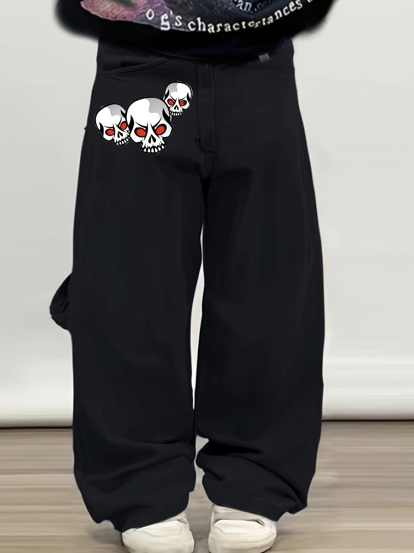 1pc Y2K Street Style Skull Print Drawstring Multi-Pocket Denim Pants, Cotton Blend, Non-Stretch, Regular Length, Loose Fit, Adult, All Seasons, Halloween Pattern, Washed Jeans
