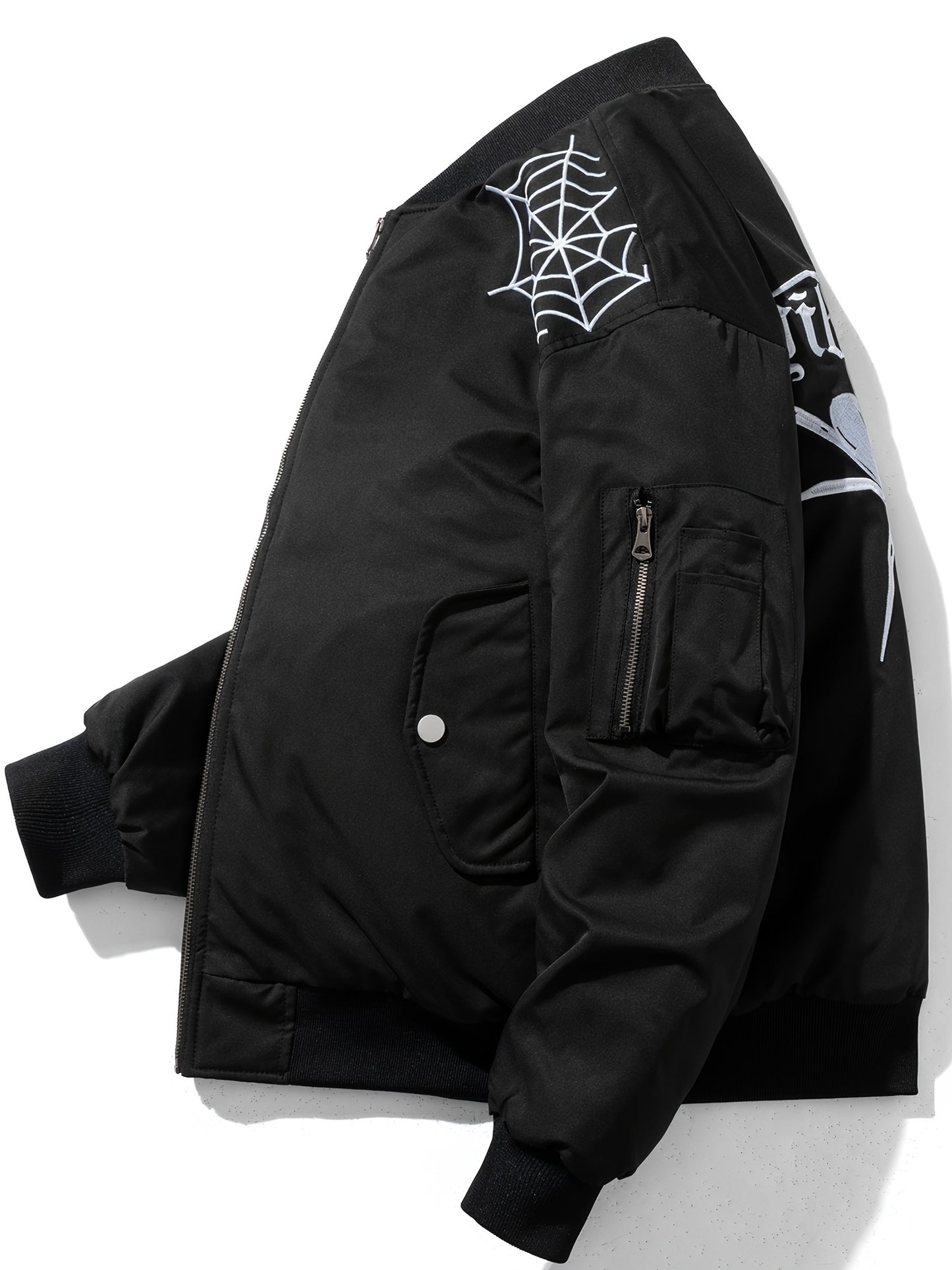 Men's Casual Fall/Winter Insulated Bomber Jacket with Removable Hood - 100% Polyester Embroidered Spider Design, Non-Stretch Fabric, Regular Fit Woven Outerwear with Polyester Lining