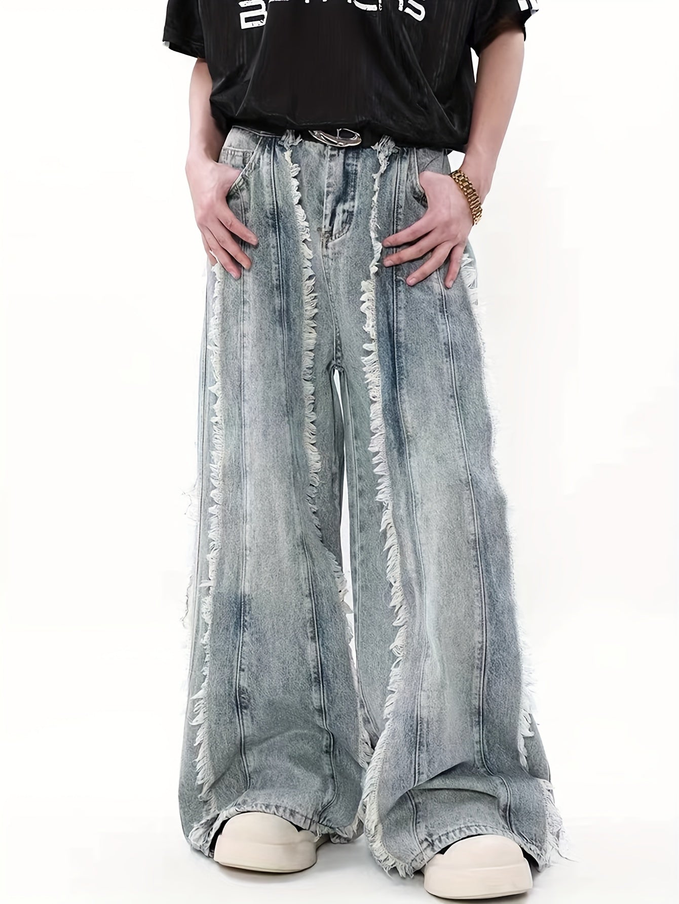 American Retro Waste Style Tassel Splicing Design Sense Jeans Men's Small Crowd Loose Wide Leg Pants