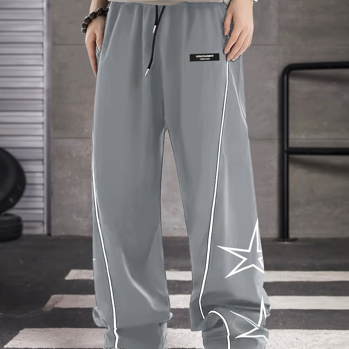 Men's Loose Star Embroidery Graphic Print Striped Track Pants With Pockets, Casual Drawstring Pants For Outdoor Activities Gift