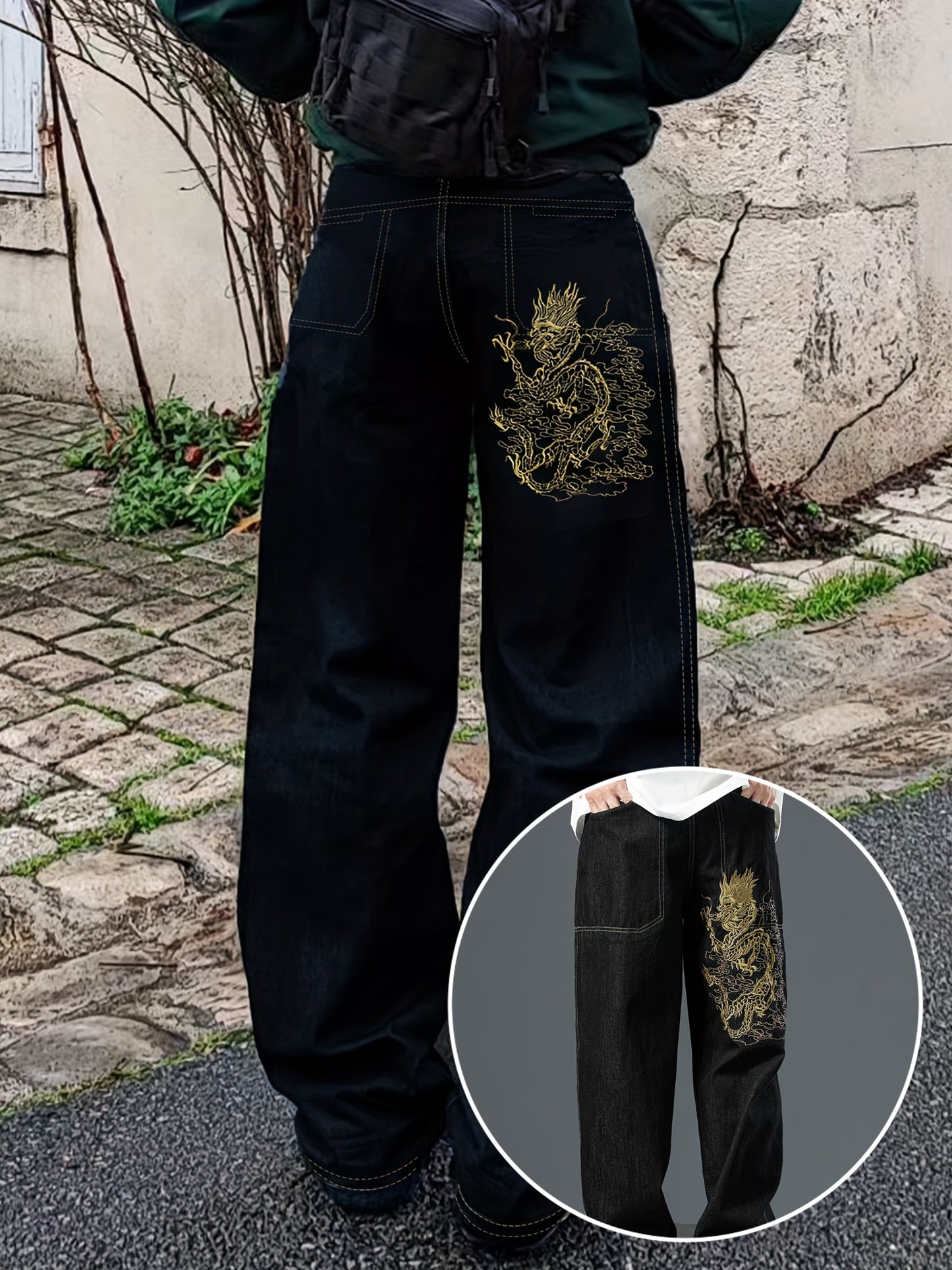 Dragon Pattern Embroidered Cotton Blend Wide Leg Jeans For Men, Chic Street Style Loose Fit Bottoms For Men, All Seasons, Fluid Pants