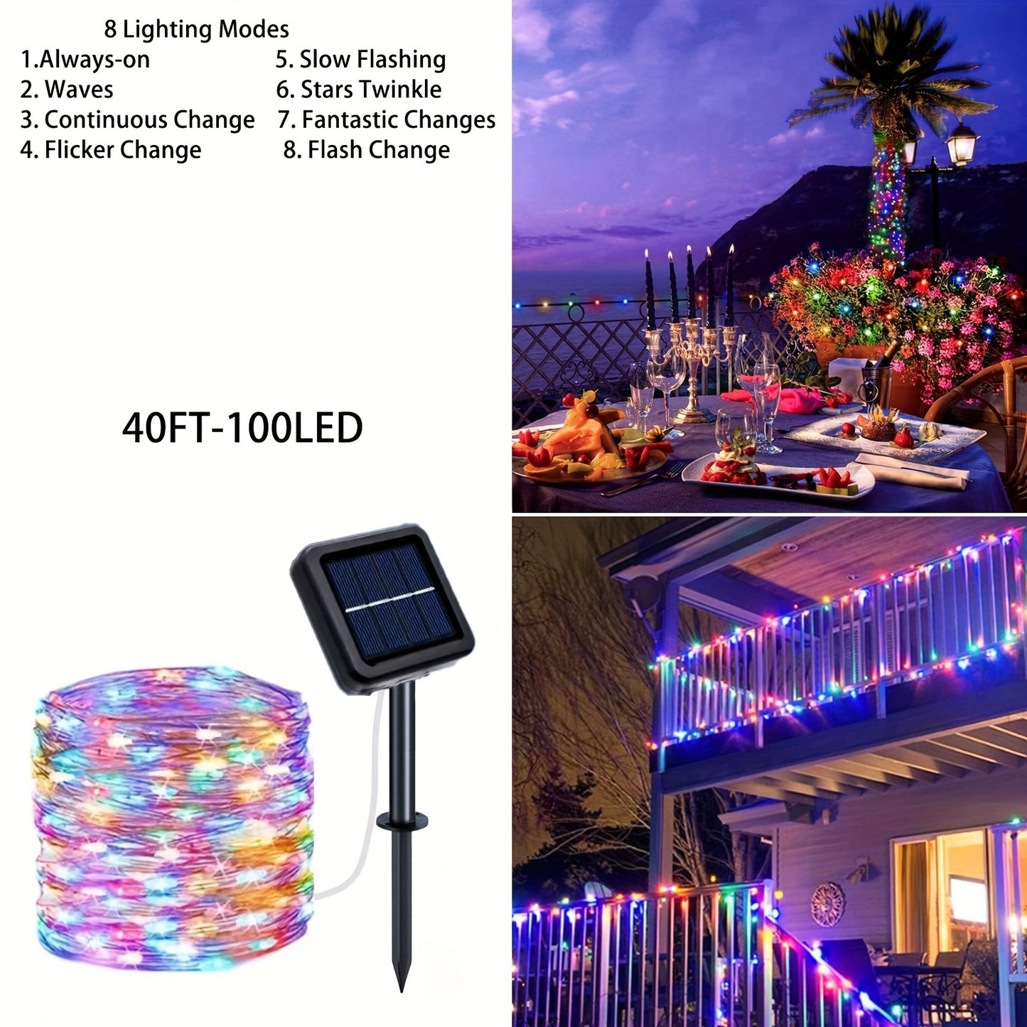 Solar-Powered LED String Lights for Outdoor Decor - 40/105ft, 100/300 LEDs with 8 Modes,, Perfect for Patio, Tree, Balcony, Gazebo & Autumn Festival Parties