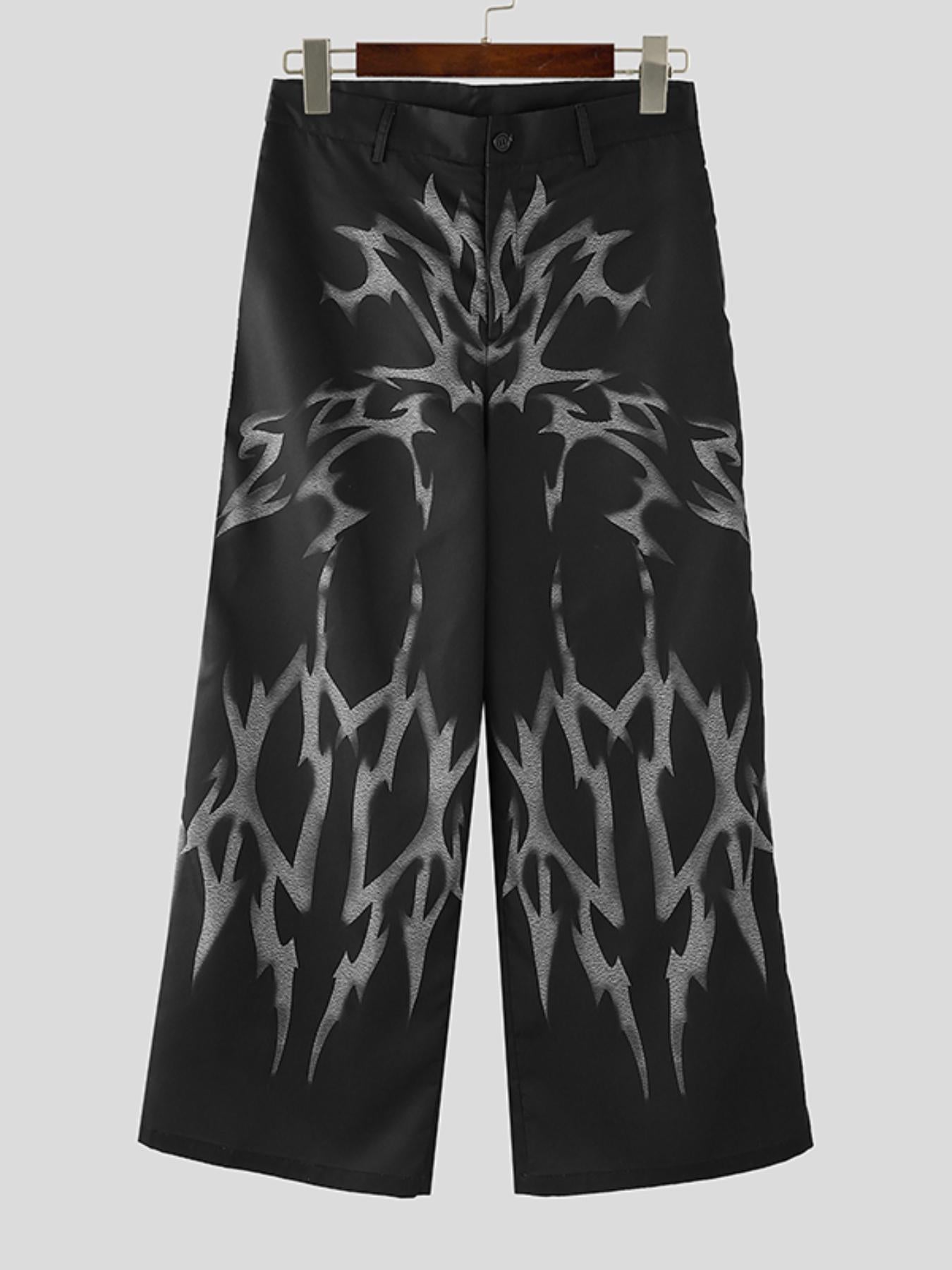 INCERUN Men'S Casual Polyester Pants, Abstract Print, Regular Fit, Woven Fabric, Non-Stretch, Zipper Detail, Street Hippy Punk Style, 100% Polyester, 130g/m²