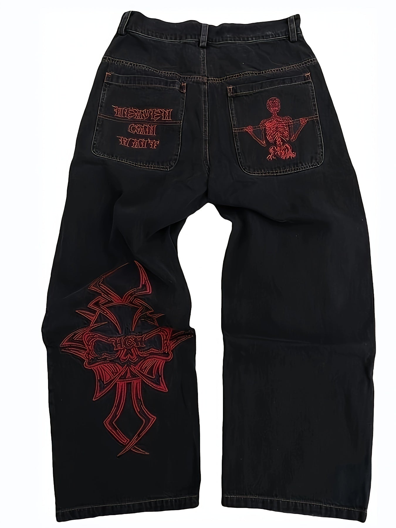 Men's Skeleton Embroidery Jeans, Casual Street Style Loose Fit Jeans, Halloween Gift