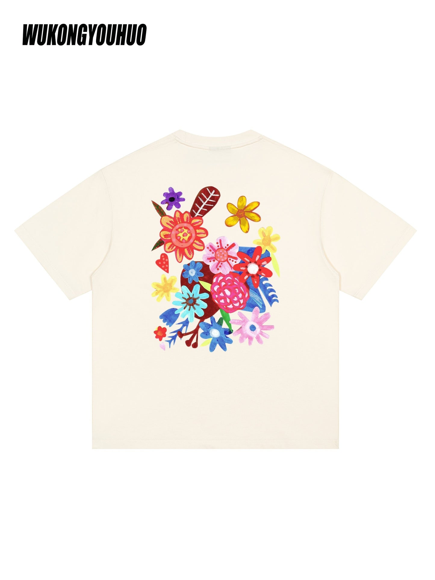 WUKONGYOUHUO Soft Cotton Casual Tee, Relaxed Fit with Vibrant Floral Print, Crew Neck, Short Sleeve, Machine Washable - Ideal for Summer