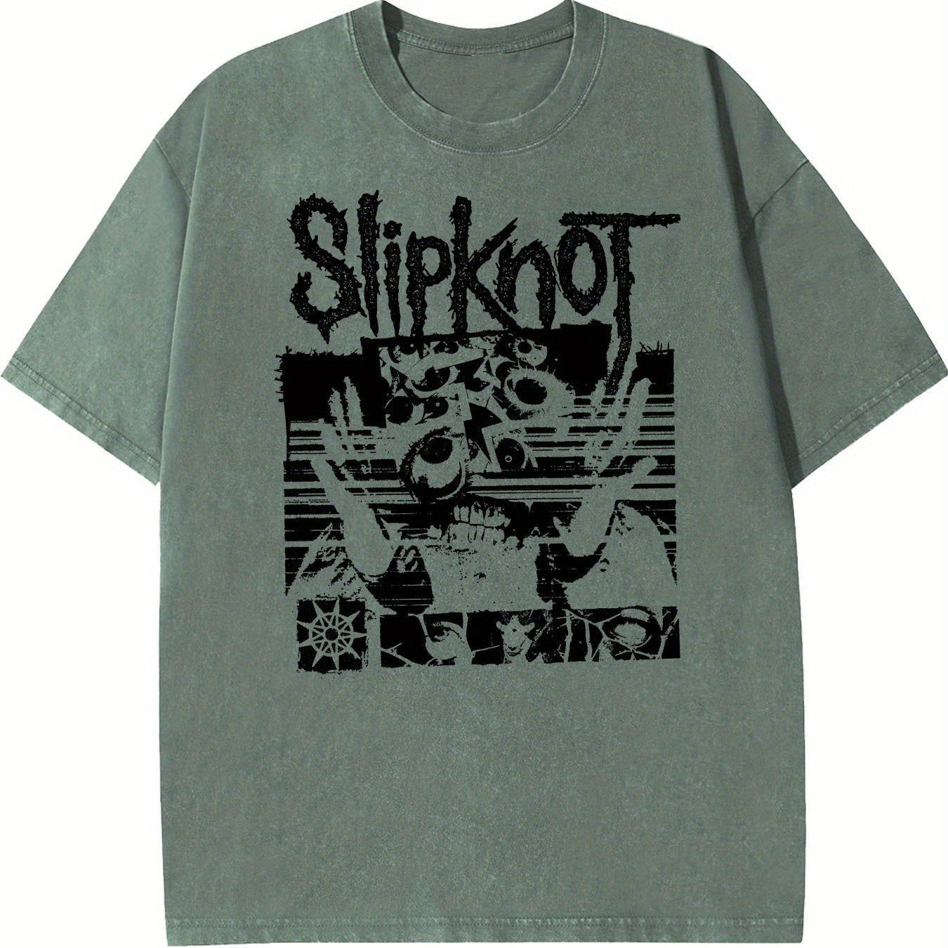 Washed T-Shirt Featuring Slipknot Logo With Distorted Graphics And Dark, Grunge-Inspired Elements Retro style, classic men's round neck T-shirt, pure cotton skin friendly, fashionable and versatile