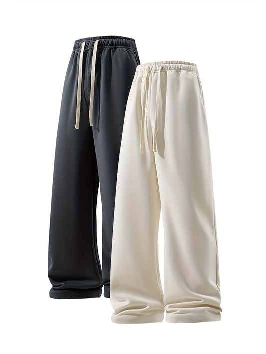 2-Pack Unisex Solid Color Polyester Drawstring Pants, Breathable Knit Fabric, Loose Fit for Sports, Yoga, Hiking, Fishing, Casual & Workout - Non-Stretch, Four Seasons, Adult & Teen
