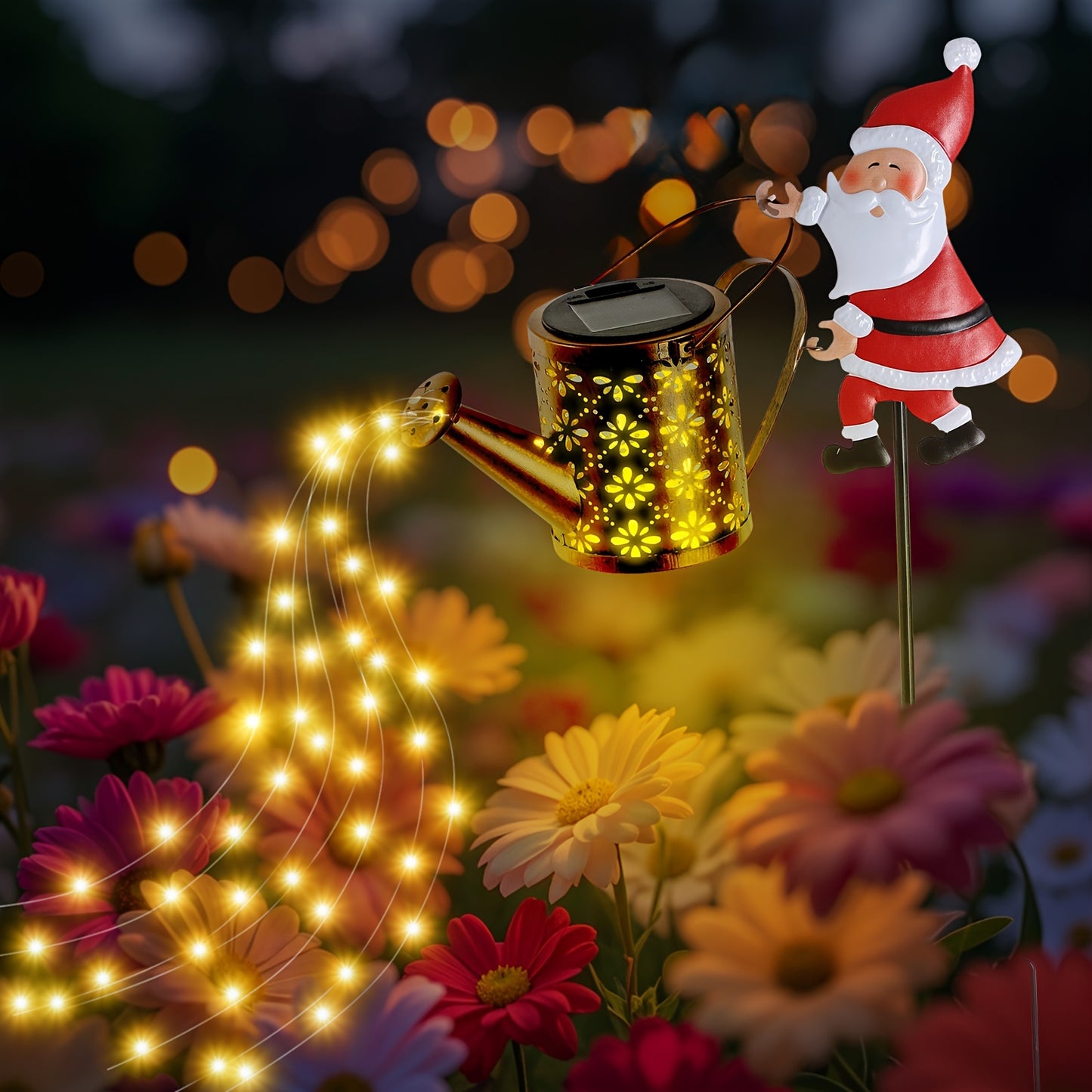 Santa Claus Solar-Powered Watering Can Light - Warm Yellow LED & Pouring Effect, Metal Decorative Garden Stake for Patio, Lawn, and Pathway Christmas Landscape Lighting