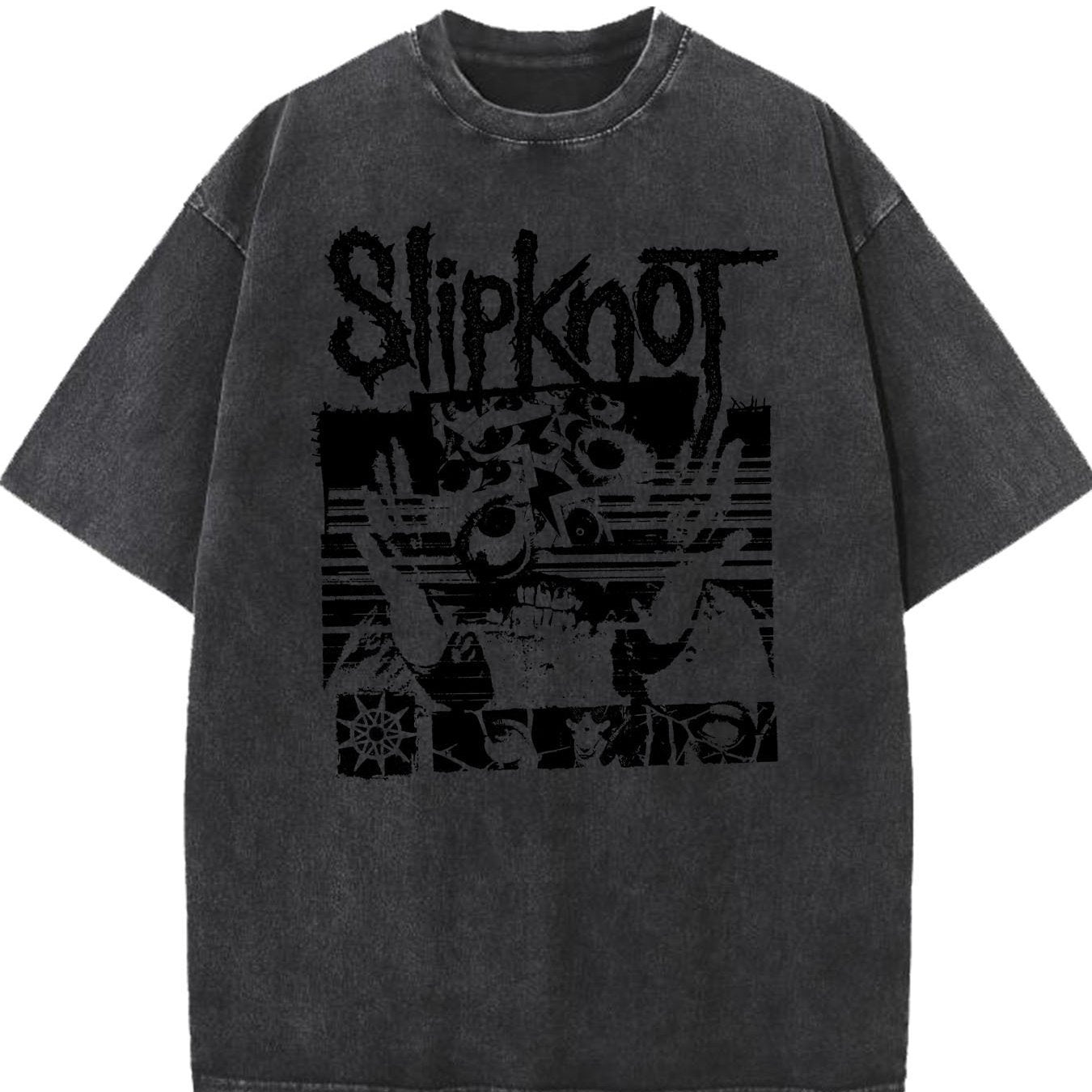 Washed T-Shirt Featuring Slipknot Logo With Distorted Graphics And Dark, Grunge-Inspired Elements Retro style, classic men's round neck T-shirt, pure cotton skin friendly, fashionable and versatile