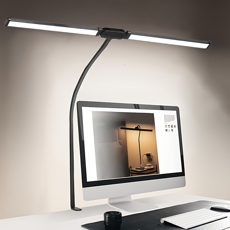 Double Head Clip-on LED Desk Lamp - 3 Modes, 10 Levels Of Brightness, Adjustable Angle, USB Adapter. Suitable For Reading, Studying, Piano, Monitors, Office.