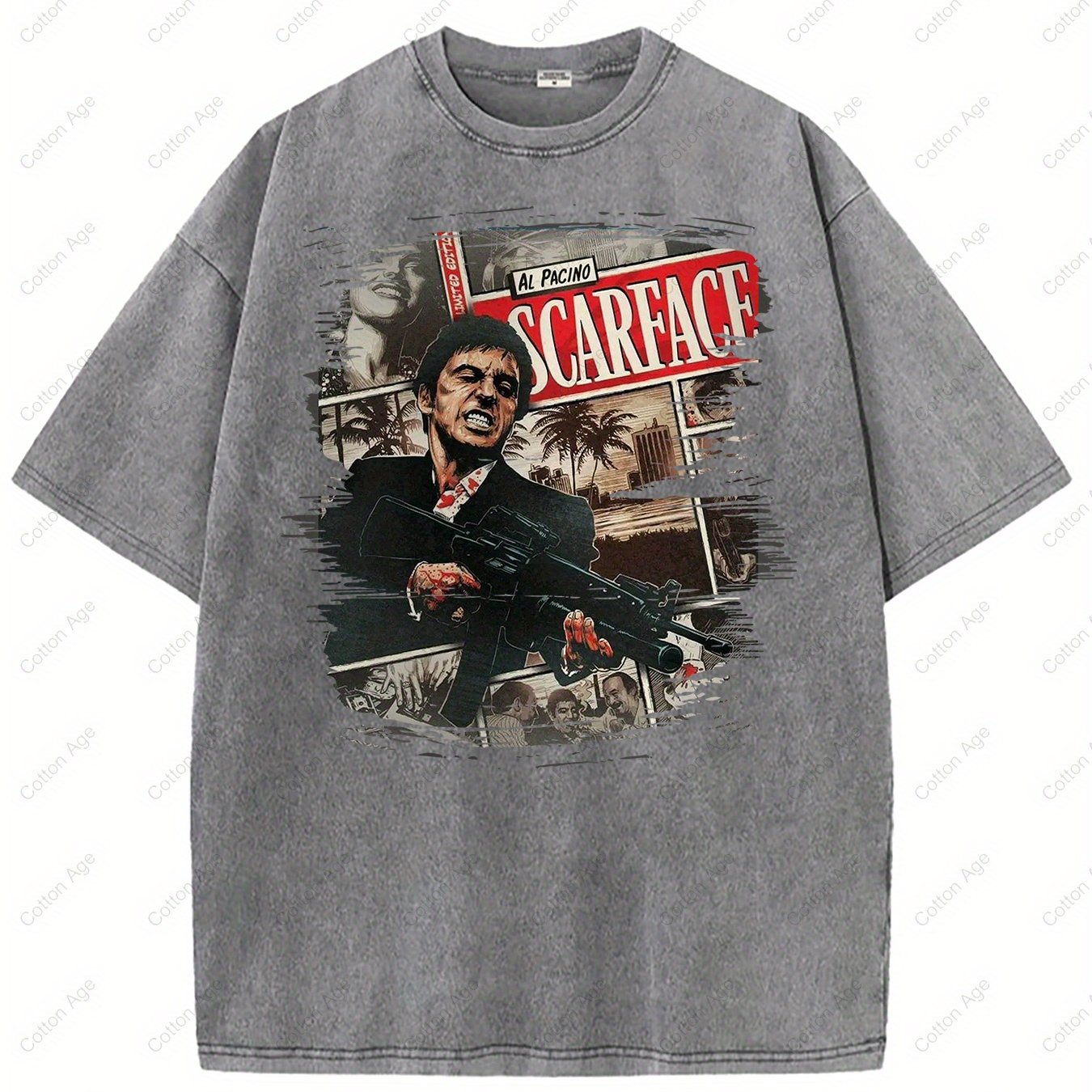 Scarface Al Pacino Movie Poster Iconic Character Action Scene Retro style, classic men's round neck T-shirt, pure cotton skin friendly