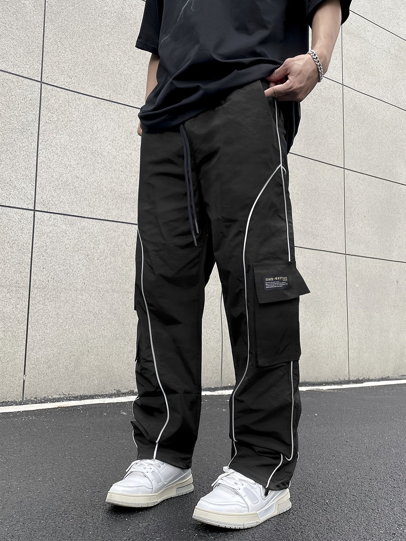 Men's Loose Striped Cargo Pants With Multi Pockets, Street Style Trousers For Outdoor Activities