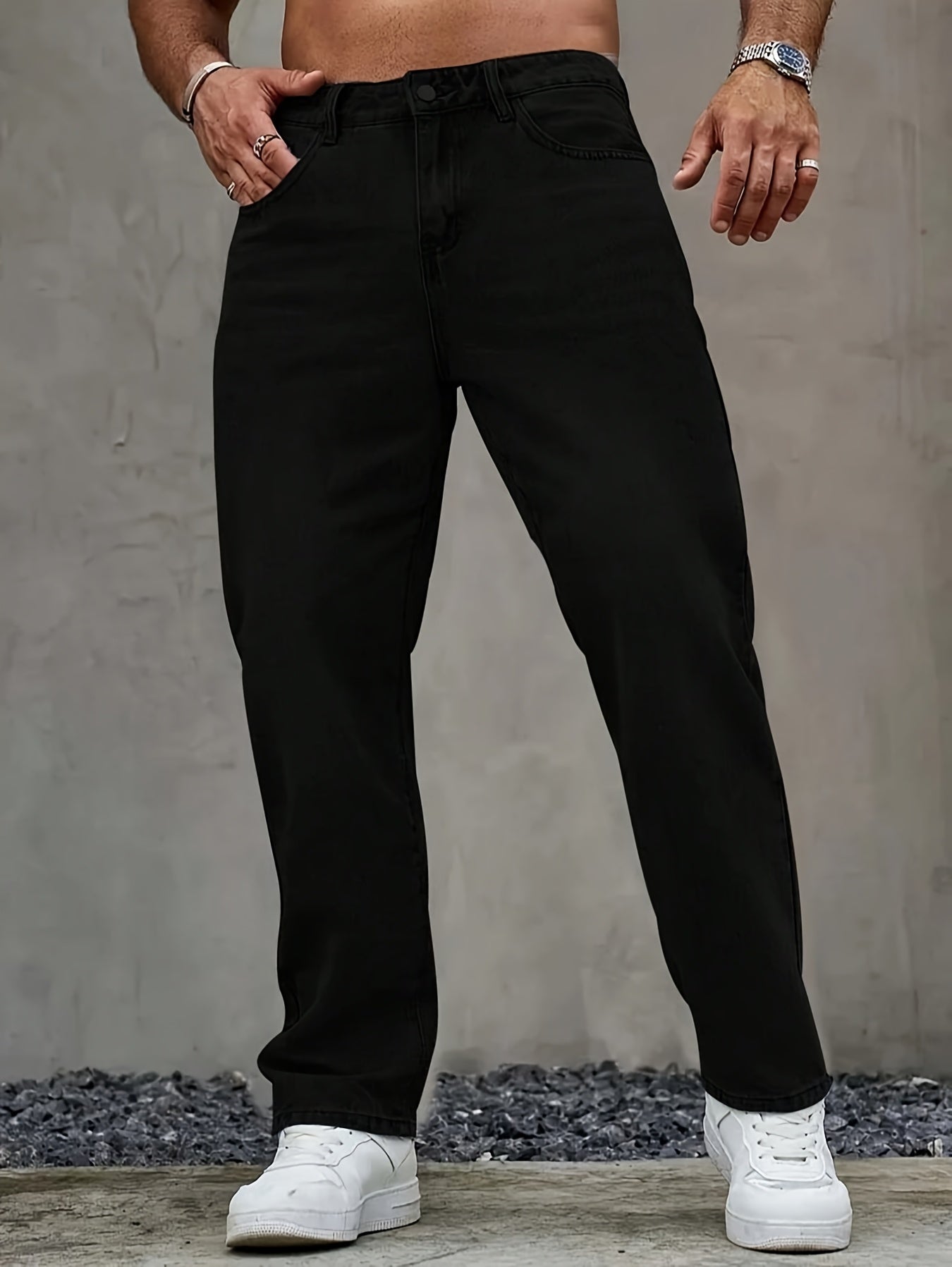 Men's Classic Straight-Leg Black Denim Jeans - Casual, Non-Stretch Cotton Blend with Pockets, All-Season Wear, Hand or Dry Clean Only