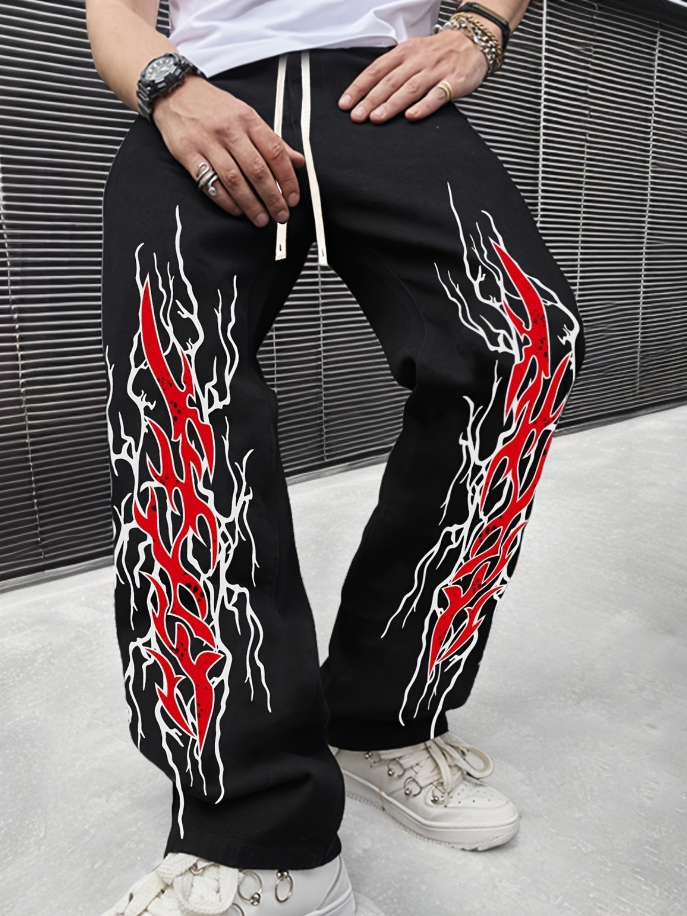 Men's Casual Loose-Fit Joggers with Geometric Print - Drawstring, Stretch Fabric, Machine Washable