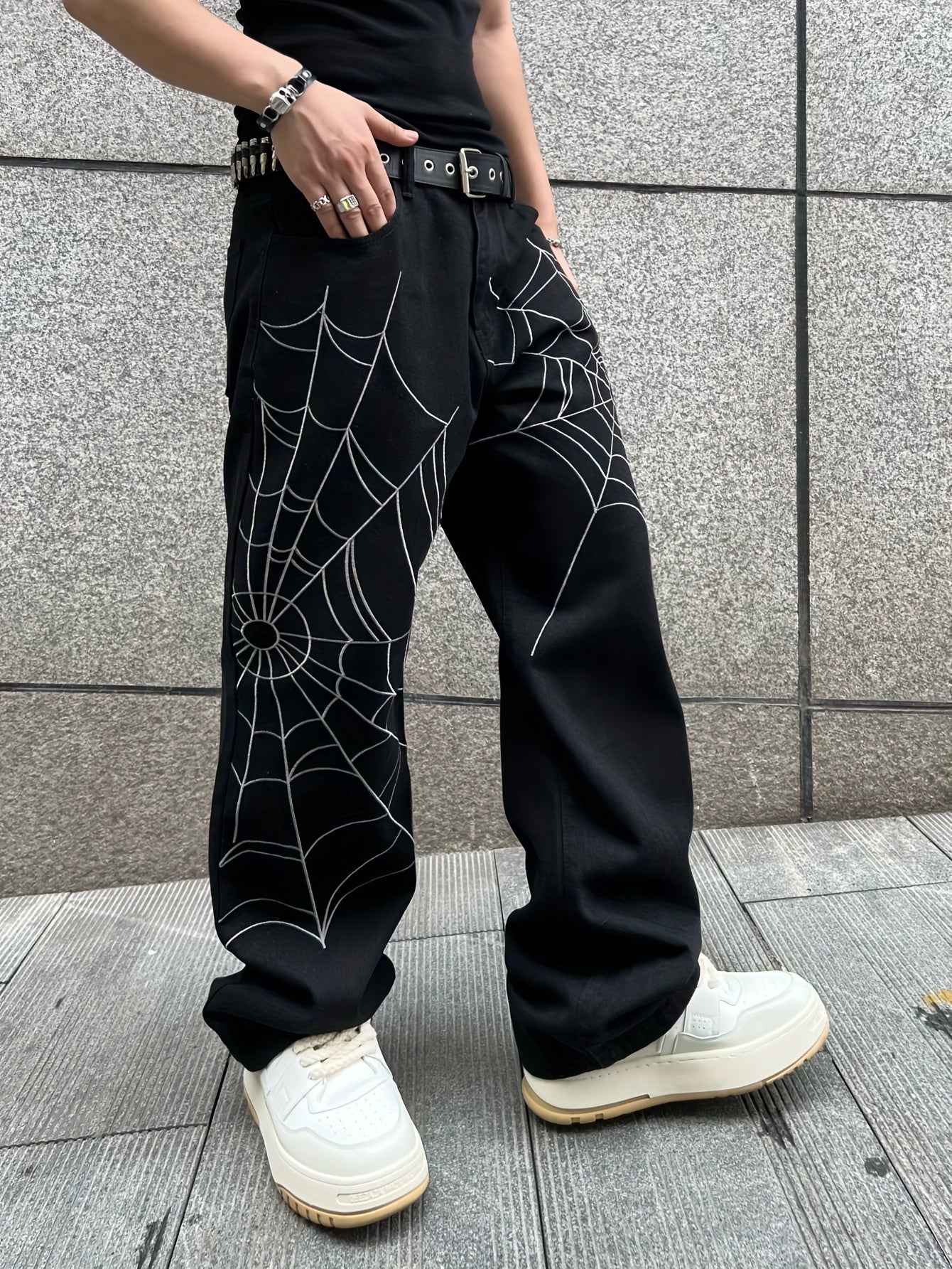 Unisex Street Style Embroidered Spider Web Denim Jeans, Loose Fit, Non-Stretch Cotton Blend Pants, Regular Length, Woven, for Adults, All-Season