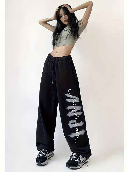 Women's Retro Streetwear-Inspired Joggers - Casual Loose Fit with Drawstring, Letter Print, Polyester & Spandex Blend, Machine Washable