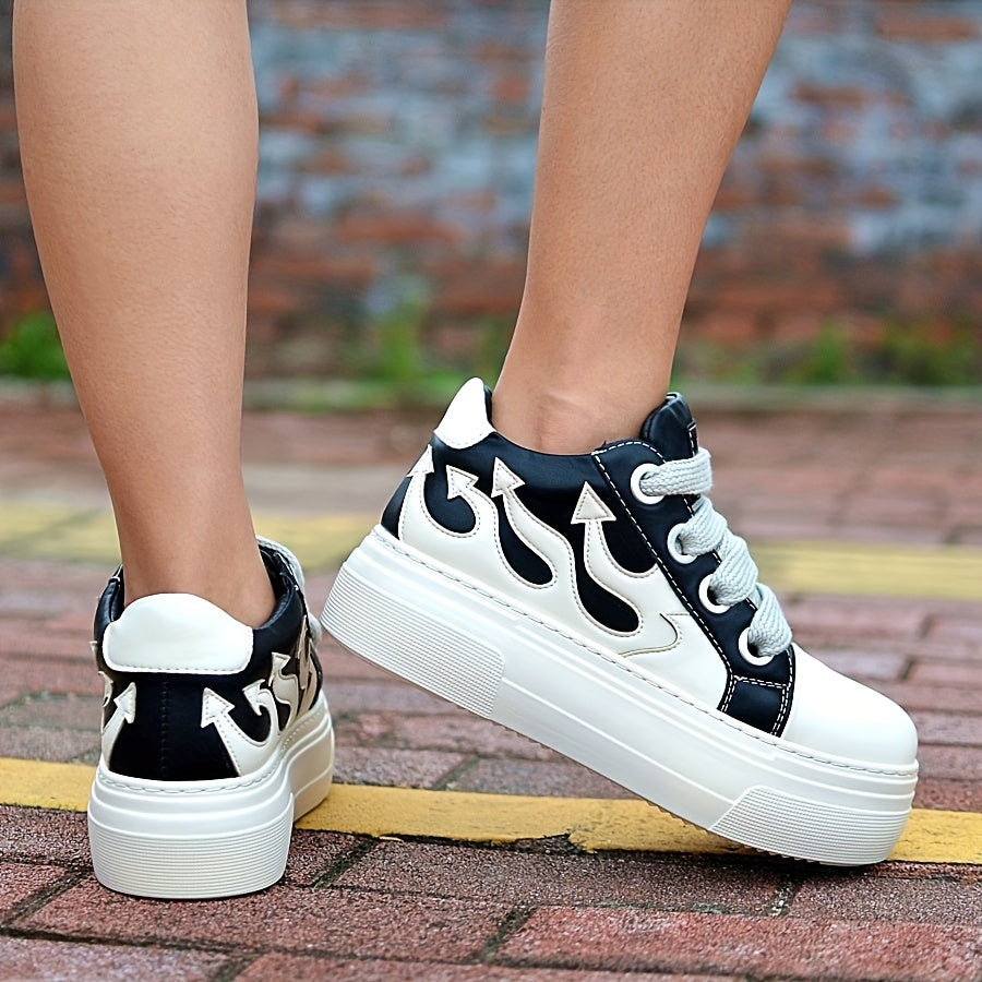 Women's Platform Casual Sneakers, Lace Up Flame Sports Shoes, Embroider Leisure Tennis Flats