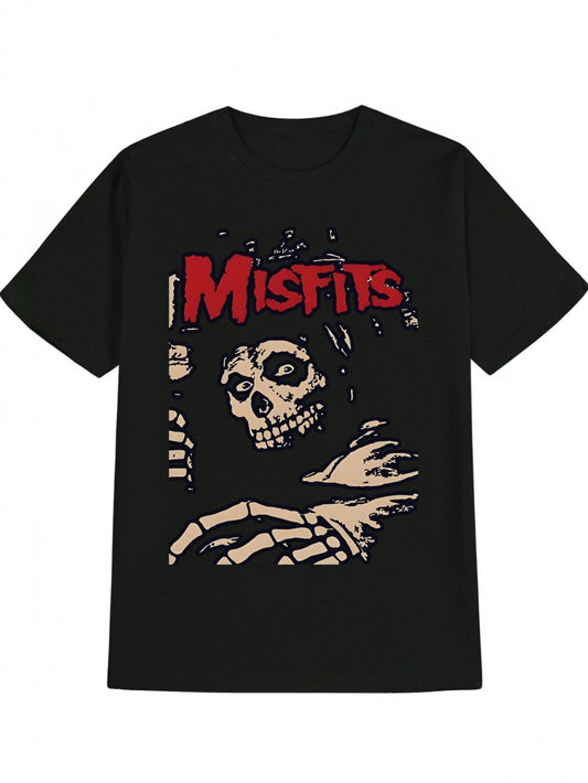 Men'S Vintage Misfits Graphic T-Shirt, Casual Crew Neck, 100% Polyester Knit Fabric, Slight Stretch, Summer Short Sleeve Tee, Y2K Anime Horror Dark Humor Band Theme, Regular Fit, 180gsm - Black