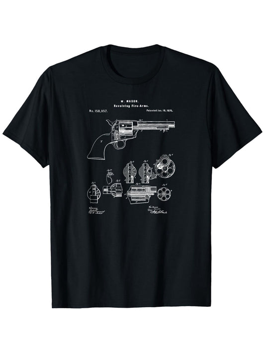 Vintage 1875 Six Shooter Revolver Gun Print T-Shirt, 100% Cotton, Short Sleeve, Funny Cool Graphic Tee, One-Sided Print, Ideal Gift for Men, Women, Dad, Mom, Best Friends, Sizes S-XXXL, Black