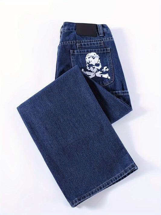 Y2K-Inspired Skull Print Multi-Pocket Straight-Leg Jeans for Men - Rayon Blend, Machine Washable