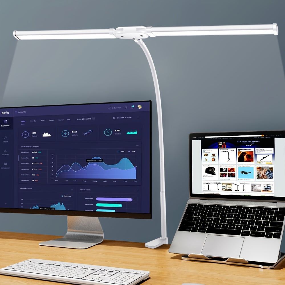 Double Head Clip-on LED Desk Lamp - 3 Modes, 10 Levels Of Brightness, Adjustable Angle, USB Adapter. Suitable For Reading, Studying, Piano, Monitors, Office.