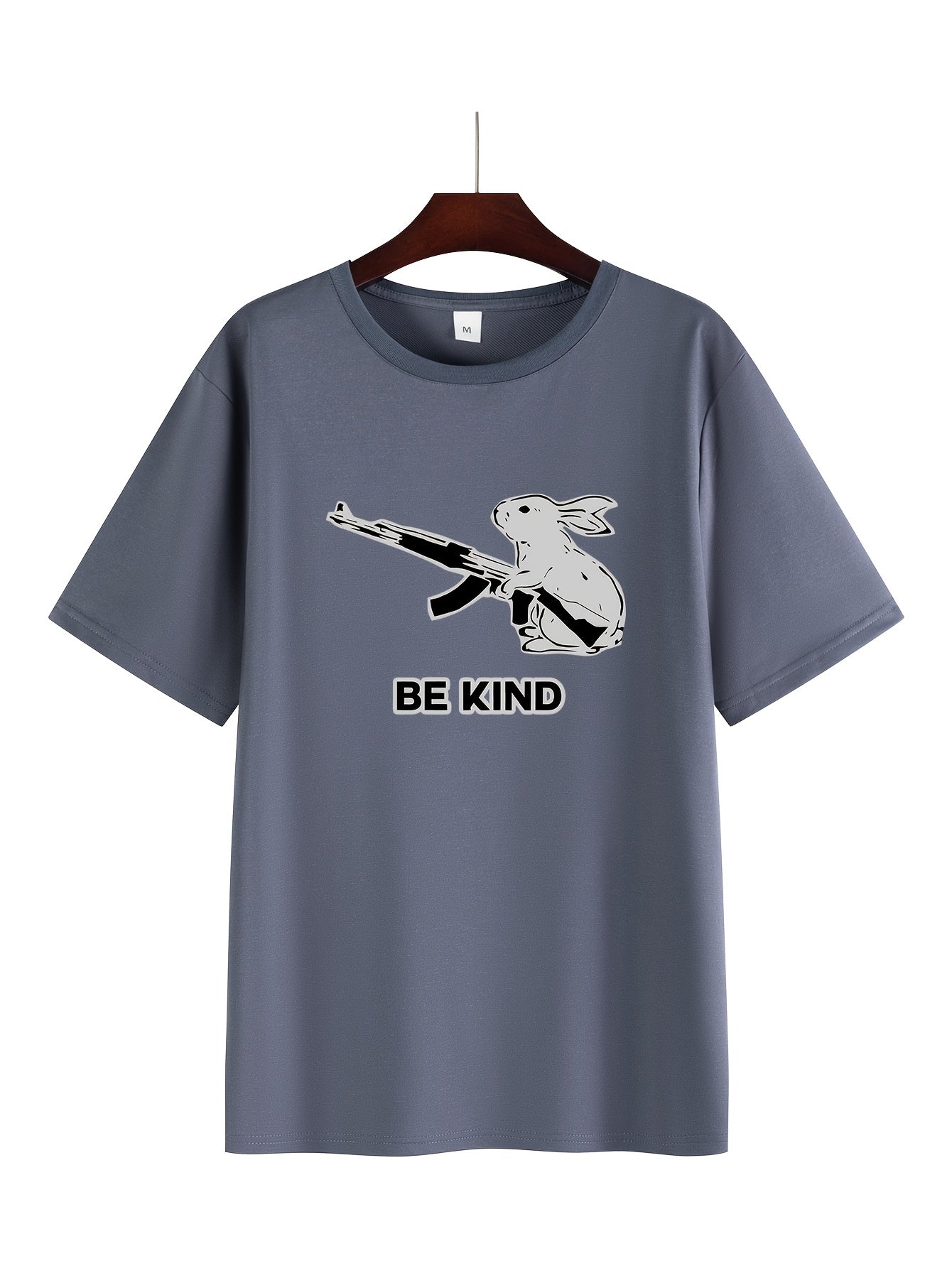 Men's "Be Kind" Graphic Tee - Casual & Comfortable Polyester Blend, Short Sleeve Summer Shirt with Rabbit & Gun Design, Round Neck - Perfect for Workouts, Pajamas & Streetwear