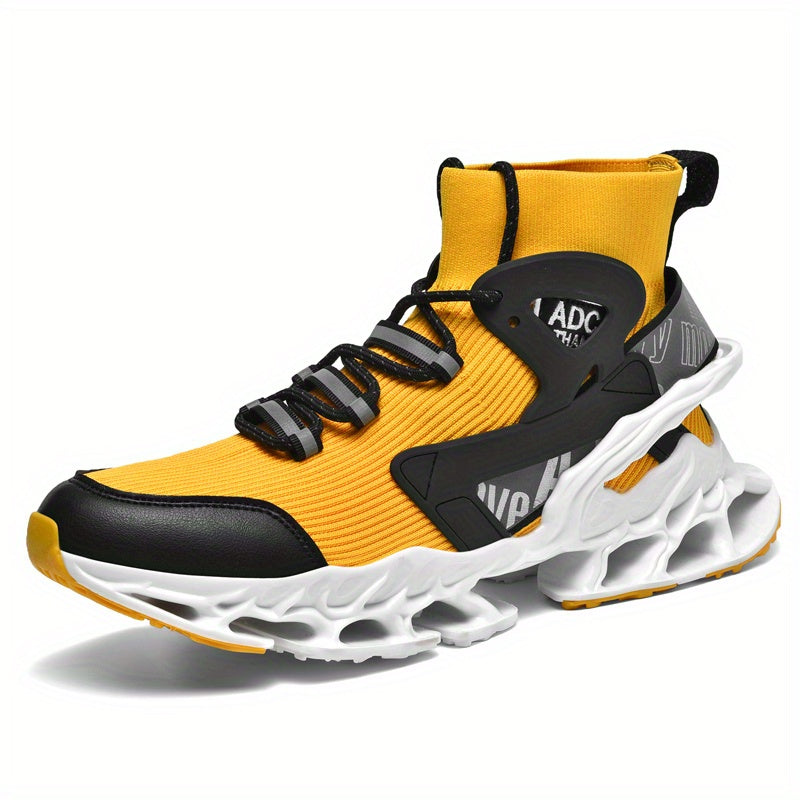 Men's High-Top Footwear in Yellow & Black - Breathable Mesh Upper with Stylish Graffiti Pattern, Non-Slip Rubber Sole for Sports & Leisure, Comfortable with Easy Lace-Up Design