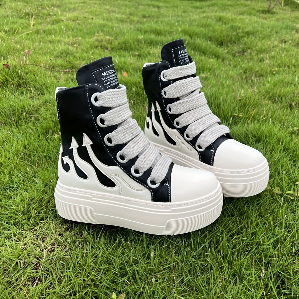 Vintage Style High-Top Fashion Sneakers, Water-Resistant Platform, Flame Embroidery, Lace-Up Closure, Round Toe, PU & Microfiber Upper, Rubber Sole, Lightweight, with Hand Wash/Dry Clean for Unisex Casual Shoes