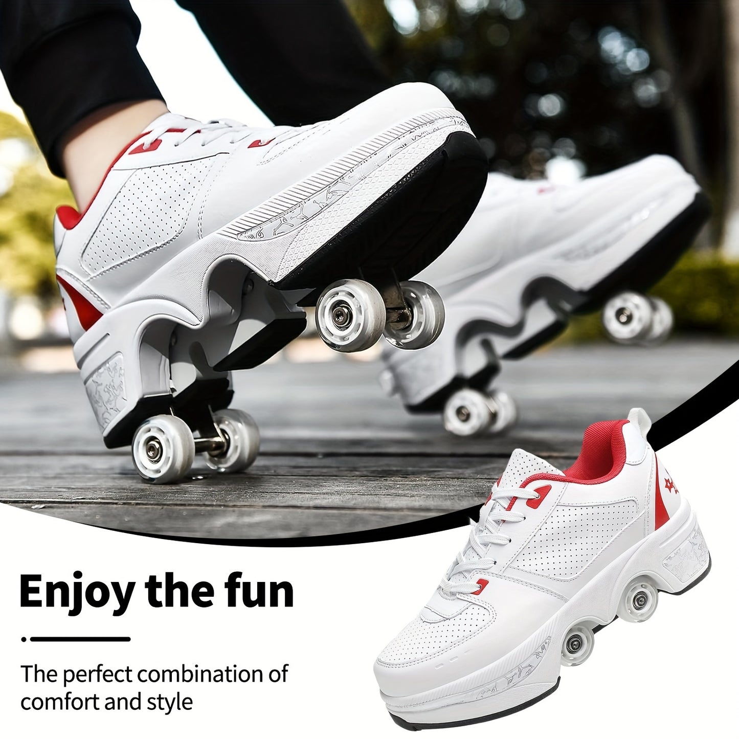 White Red Roller Skate Shoes For Men And WomenShoe - Breathable, Ergonomic, Impact Resistant, 2-in-1 Deformation Roller Skates&Sneakers, Double-Row Retractable Wheels Roller Shoes, For Casual Walking, Skating, Hiking, And Out