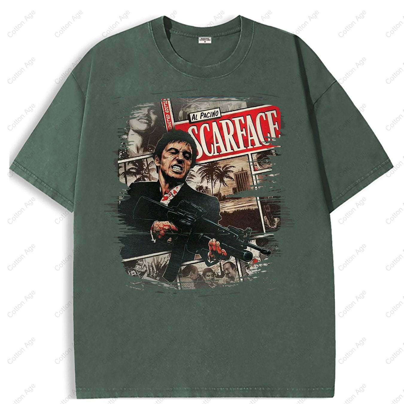 Scarface Al Pacino Movie Poster Iconic Character Action Scene Retro style, classic men's round neck T-shirt, pure cotton skin friendly