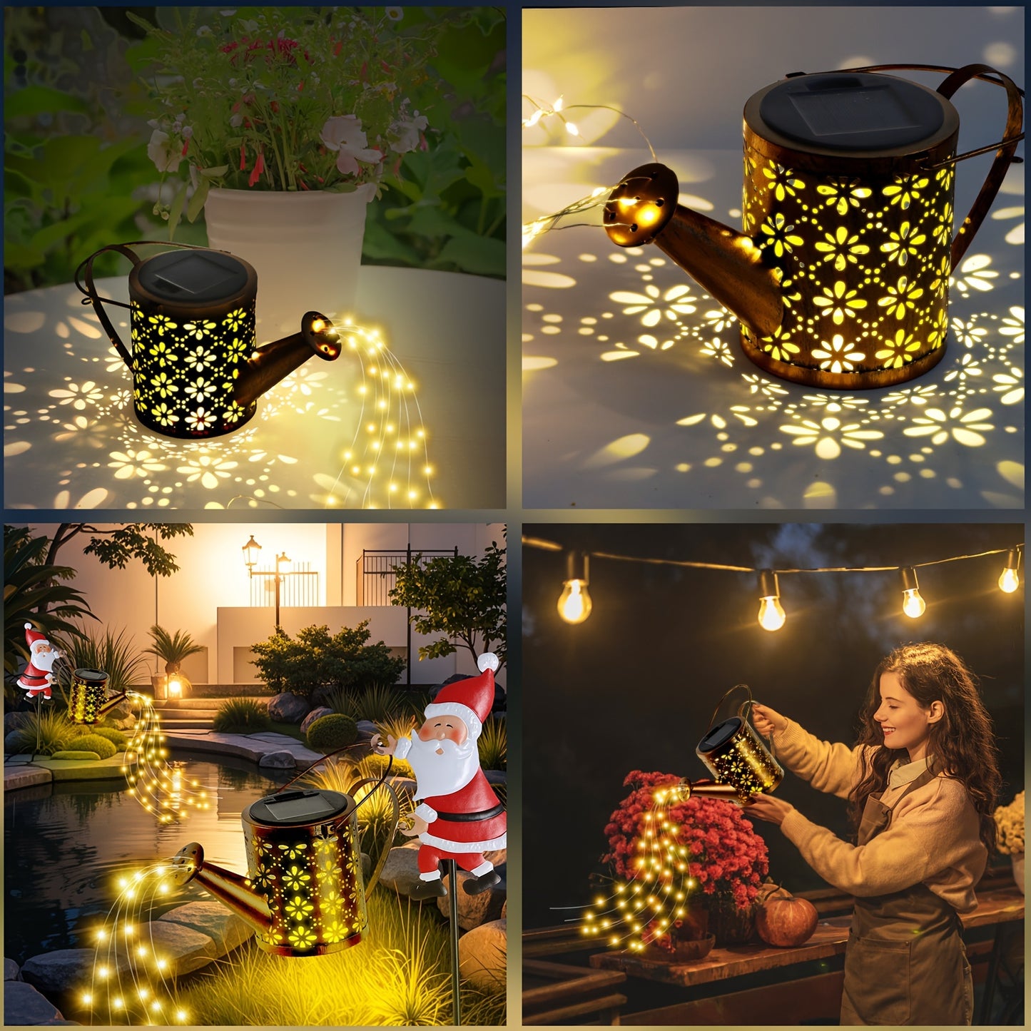 Santa Claus Solar-Powered Watering Can Light - Warm Yellow LED & Pouring Effect, Metal Decorative Garden Stake for Patio, Lawn, and Pathway Christmas Landscape Lighting