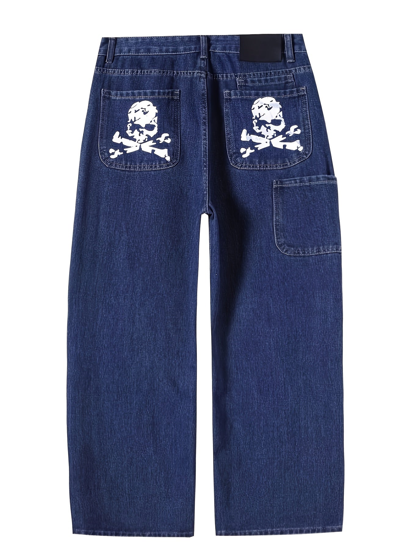 Y2K-Inspired Skull Print Multi-Pocket Straight-Leg Jeans for Men - Rayon Blend, Machine Washable