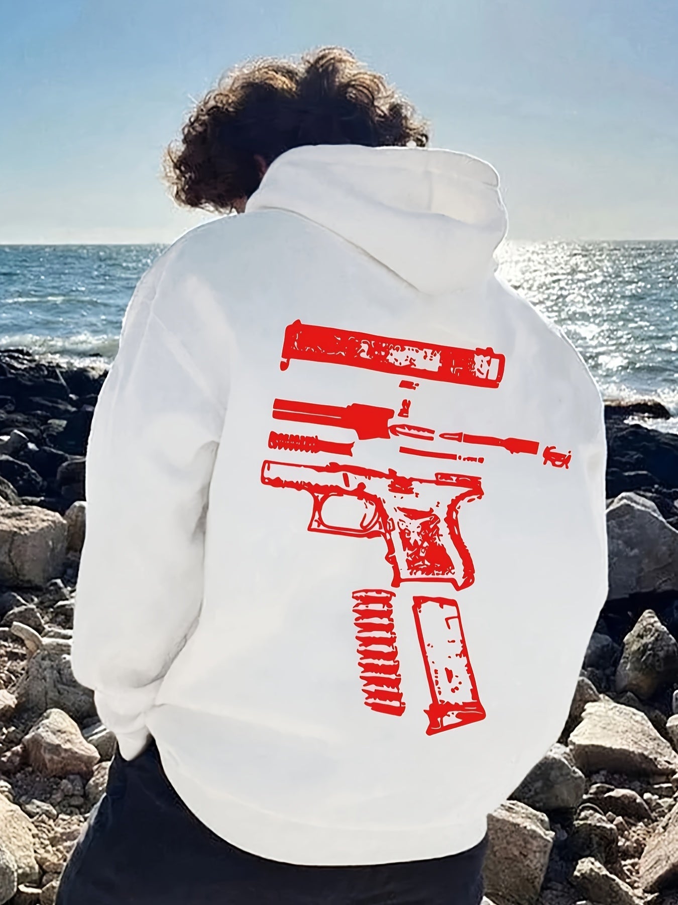 Gun Print Hoodie, Cool Hoodies for Men, Men's Casual Graphic Design Pullover Hooded Sweatshirt with Kangaroo Pocket Streetwear for Winter Fall, As Gifts